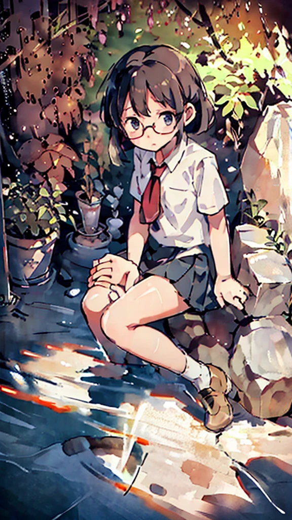Night、Nsfw、masterpiece, high quality, 4K, HDR,, Stable Diffusion prompt: schoolgirl with short、brown hair and red-framed glasses, wearing a white blouse and navy skirt, white panties visible, navy socks and brown loafers, in a state of arousal and trembling with sexual climax,simple illustration style, in a nichijou (everyday life) setting