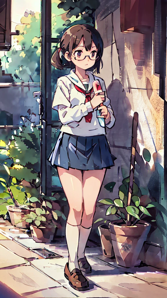 Night、Nsfw、masterpiece, high quality, 4K, HDR,, Stable Diffusion prompt: schoolgirl with short、brown hair and red-framed glasses, wearing a white blouse and navy skirt, white panties visible, navy socks and brown loafers, in a state of arousal and trembling with sexual climax,simple illustration style, in a nichijou (everyday life) setting