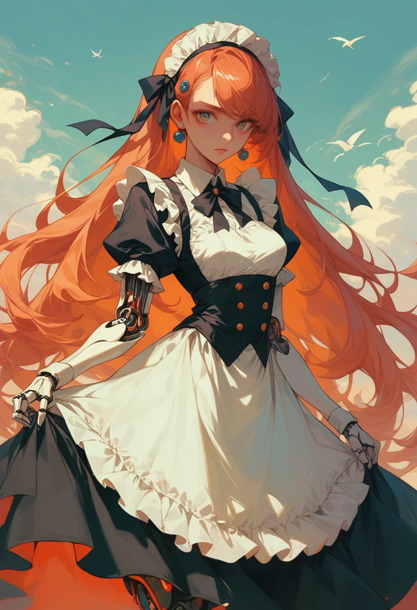 Very detailed、whole body、Black semi-long hair、Wearing a classical maid outfit、Ride a bipedal robot、wilderness、woman