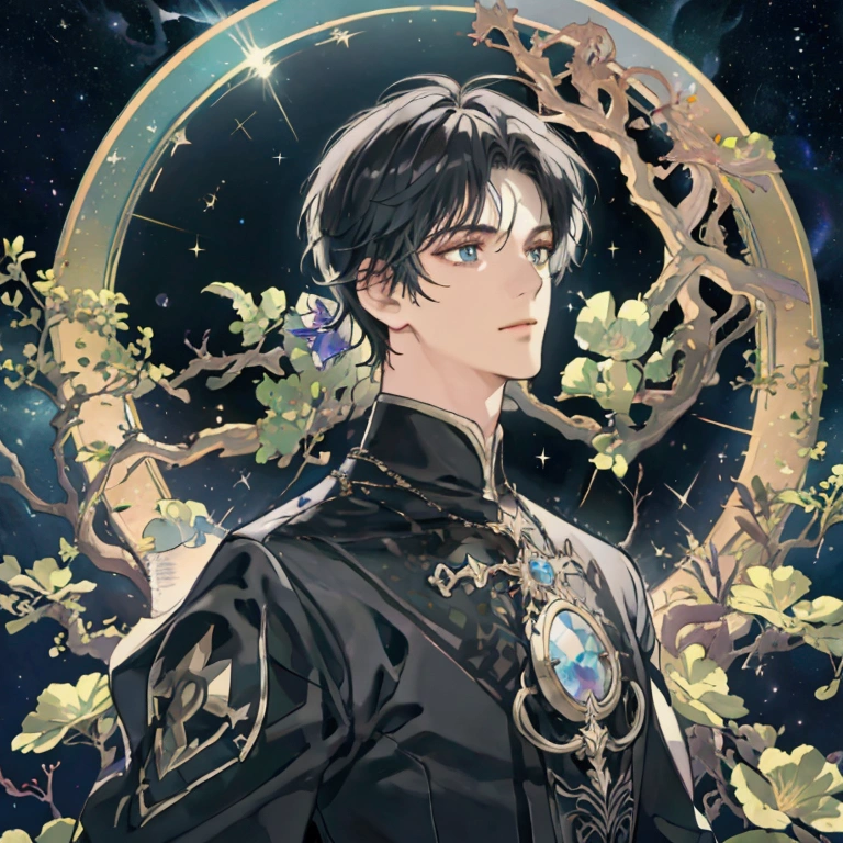 Masterpiece, best quality, 1 man, adult, เป็นadult, tall muscular man, Dark theme, magic circle, bubble, Rainbow sunshine, Underwater, reflective glass, floating glass pieces, Rainbow Light, bubbleสบู่หมุนวน, whirlwind, Aurora, Fantasy scenery, Starlight around the character, (upper body)