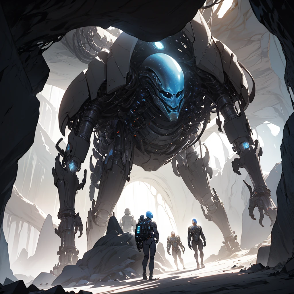 A highly detailed and futuristic alien portal in a cave, technologically advanced pieces scattered throughout the cave, cinematic lighting, muted color palette, 8k, photorealistic, intricate machinery, glowing energy fields, metallic surfaces, intricate alien architecture, dramatic shadows and highlights, cinematic composition