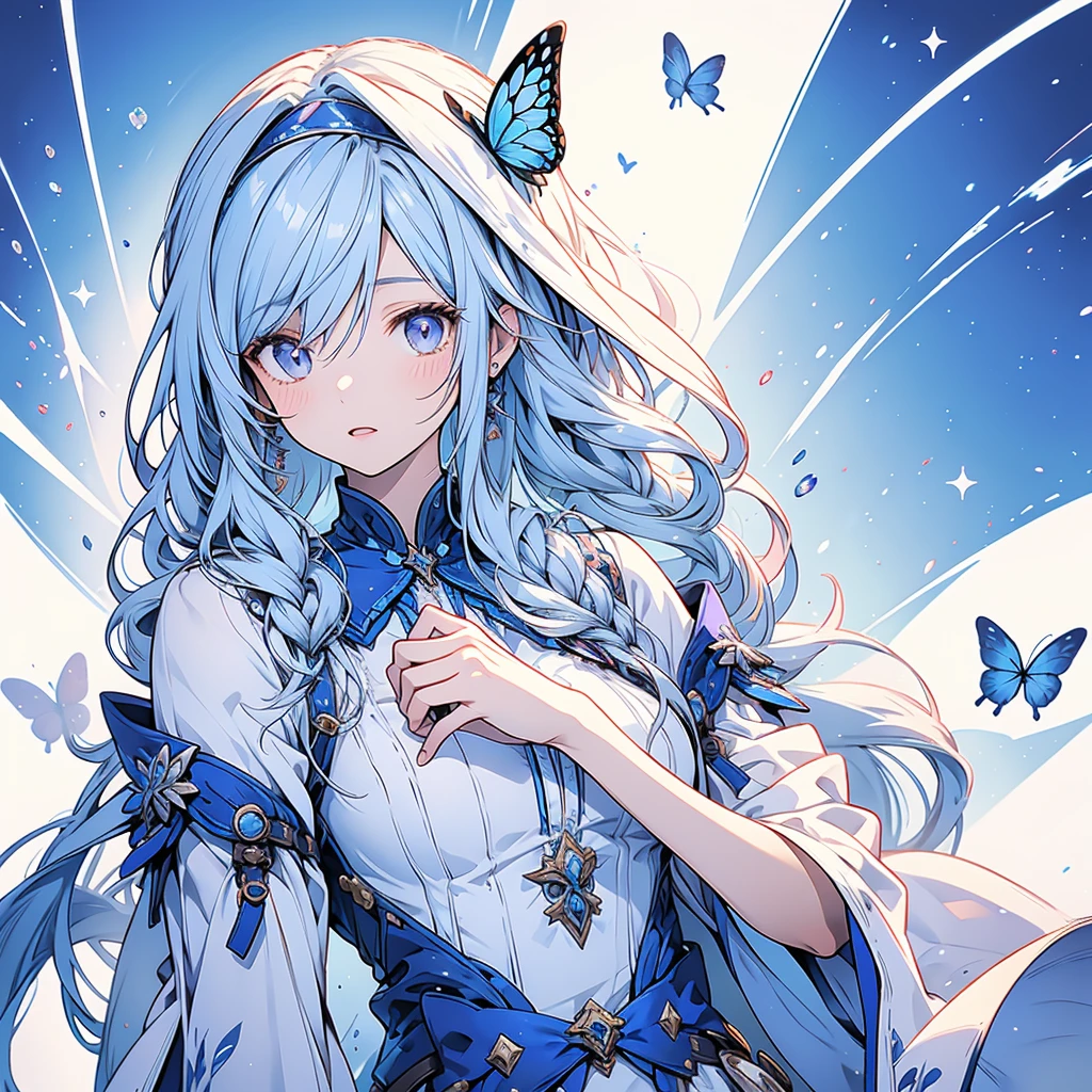 Digital illustration featuring an anime-style character with light blue hair and purple eyes. The character is dressed in a white and blue outfit with butterfly motifs, including a headpiece adorned with a butterfly. The background is a mix of dark and light shades with a butterfly design on the left side. The character is holding a glowing blue butterfly in their right hand. The overall style is fantasy-themed with a focus on ethereal and delicate elements. Cold personality. discreetly. headscarf
