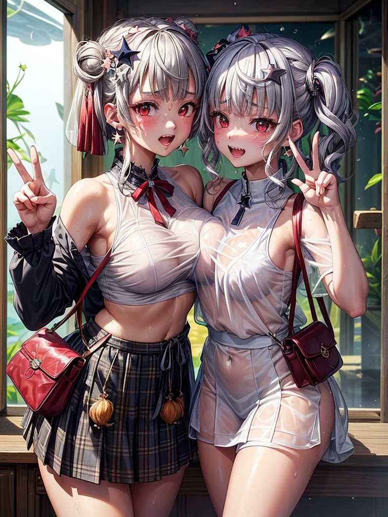 (highest quality)), ((masterpiece)), (family friendly), Perfect Face,Shiny skin,Beautiful breasts,Shiny skin、Kyoto Animation style painting、、(((Double teeth)))、Sunburned skin、night、((peace sign))
、Belly button、cyber punk、、Prone、{school uniform,Short sleeve shirt,BREAK,(Checked skirt:1.2),、(((See-through)))、(((sweat)))、(((Wet)))、(((Close Contact)))、(((aquarium)))、(((close)))、(((breast grab))),(((Young)))、(((shoulder bag)))、(((Star-shaped earrings)))、