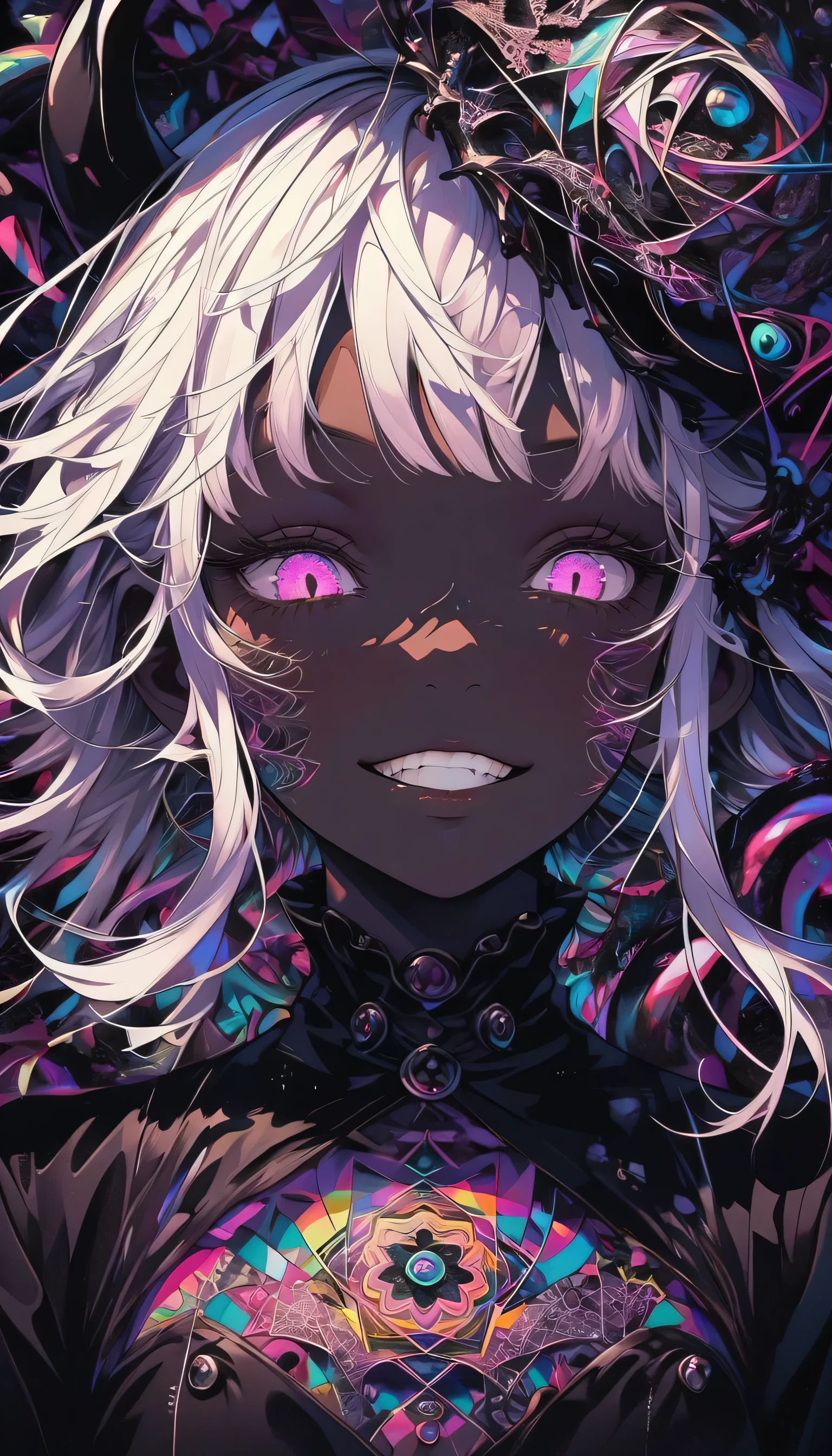 black theme, artistic,Aesthetic, abyssal goddess, grin, looking down, dark skin, horns, white hair, ((medium hair:1.2)), (sidelocks:1.3), half open eyes, disheveled hair, long sleeves, black fril gothic dress, purple and pink outfit, abyssal, darkness, tentacles, fractal, psychedelic, Whimsical, upper body, portfolio, portrait, ((zentangle, mandala, tangle, entangle), (fractal art:1.3)), ((glitter)), album cover