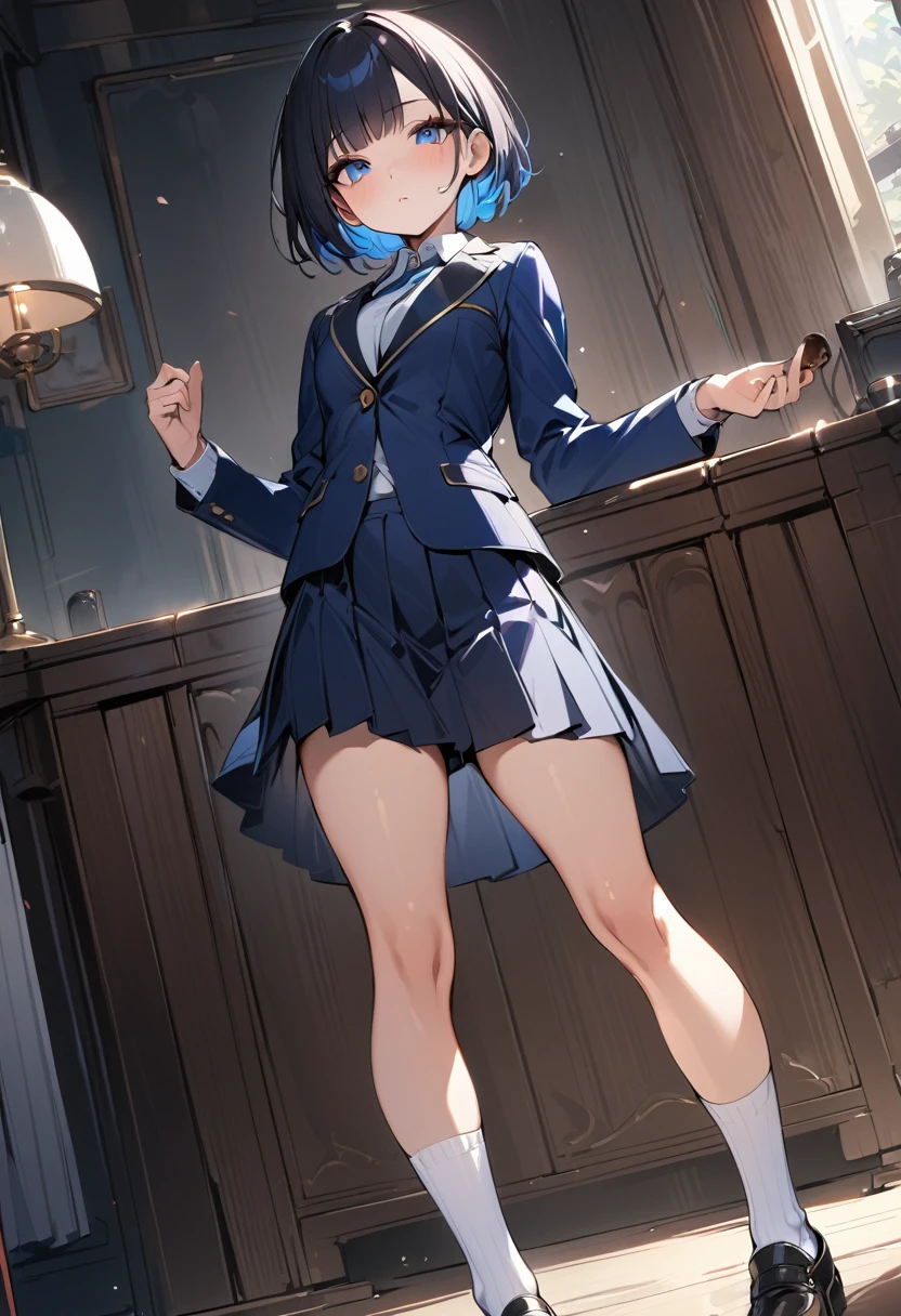 (masterpiece, best quality:1.5), (high resolution 8K), detailed eyes and face, detailed body, 
BREAK (extra short hair:2.0), blunt bangs, black hair, (inner blue color hair:1.2), blue eyes, , small breast,  
BREAK expressionless, 
BREAK  school uniform, blazer, white shirt, skirt, white socks, 
BREAK standing, model posing, dynamic angle, 