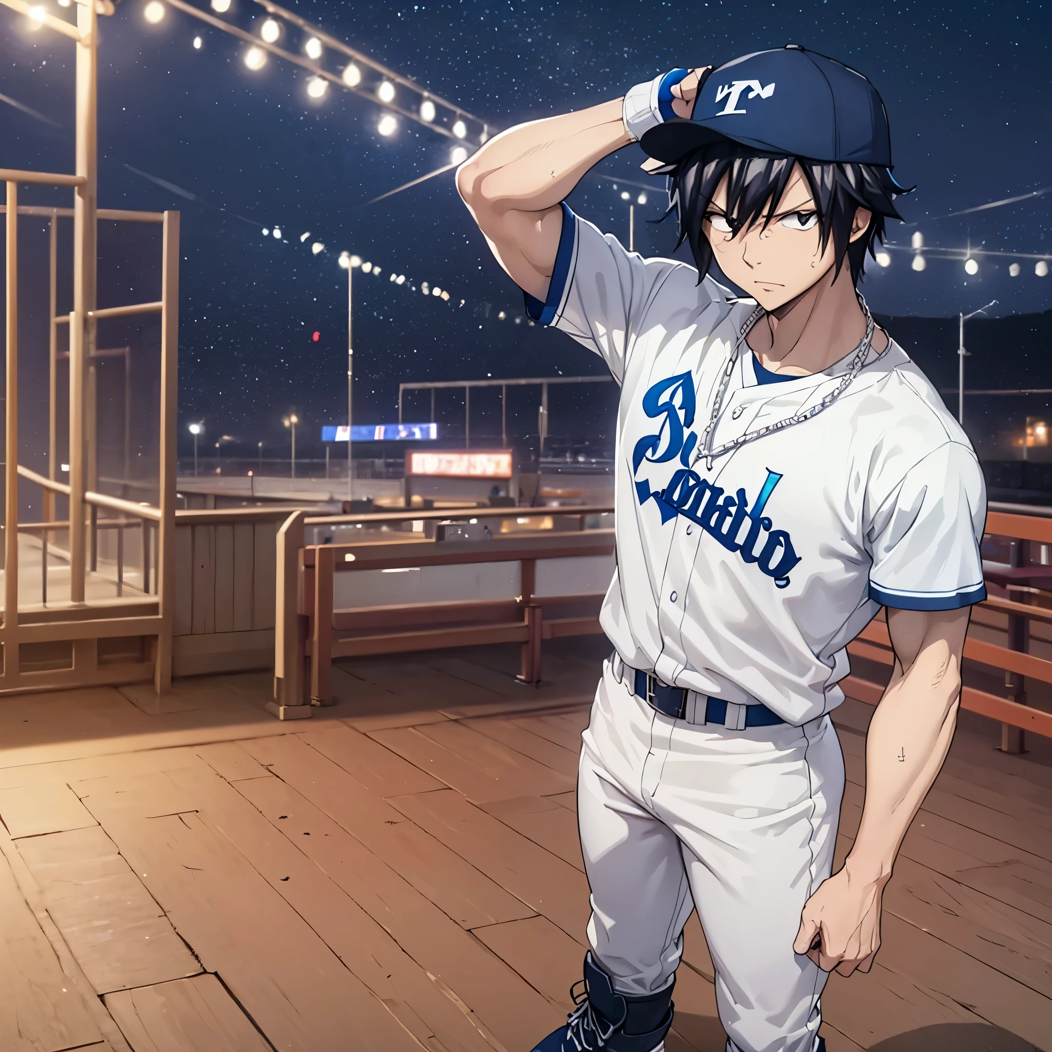A man, Gray_fullbuster,Fairy_Tail, wearing a baseball uniform, white uniform with blue details, baseball hat, standing on a baseball field, wearing a baseball glove, baseball hat, black hair, black eyes, serious face, muscular, sports boots, bleachers background, illuminated place, place at night.UHD , prime work , accurate , anatomically correct , textured skin , super details , high quality , best quality, 8k, high resolution, bokeh effect. (man solo), close view.
