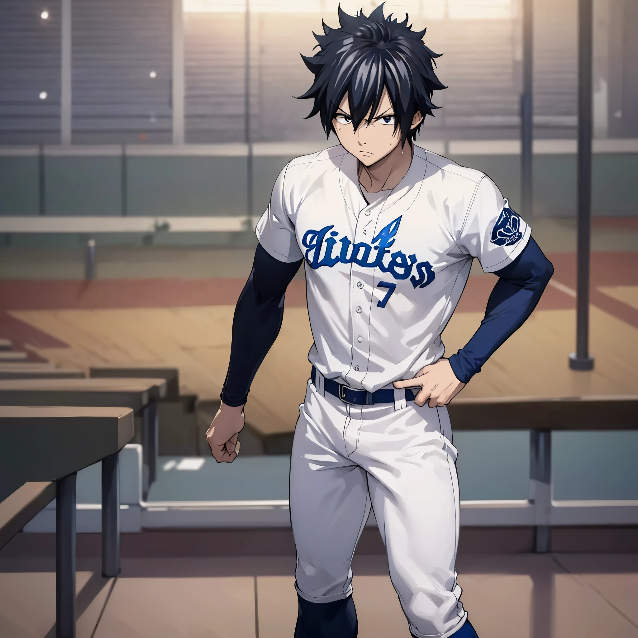 A man, Gray_fullbuster,Fairy_Tail, wearing a baseball uniform, white uniform with blue details, baseball hat, standing on a baseball field, wearing a baseball glove, baseball hat, black hair, black eyes, serious face, muscular, sports boots, bleachers background, illuminated place, place at night.UHD , prime work , accurate , anatomically correct , textured skin , super details , high quality , best quality, 8k, high resolution, bokeh effect. (man solo), close view.