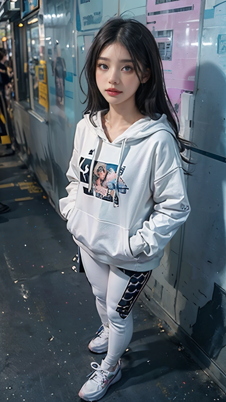 (((Highly detailed CG unit 8k wallpaper:1.2、masterpiece、High resolution:1.2、Highest quality:1.2、Masterpiece)))、((Very beautiful woman、Hands in pockets:1.8、Grunge Fashion:1.2、Wearing a hoodie:1.2、Wearing white leggings、Wearing shoes))、((Highly detailed face、Highly detailed black eyes、Highly detailed body、Highest qualityのリアルなテクスチャ スキン))、(Black Hair、Long Hair、De Pere Blanca、small)、((colorful geometric pattern wall、Colorful wall))、(High Angle:1.2、Fisheye Lens:1.3)、Ultra-Realistic Digital Painting、