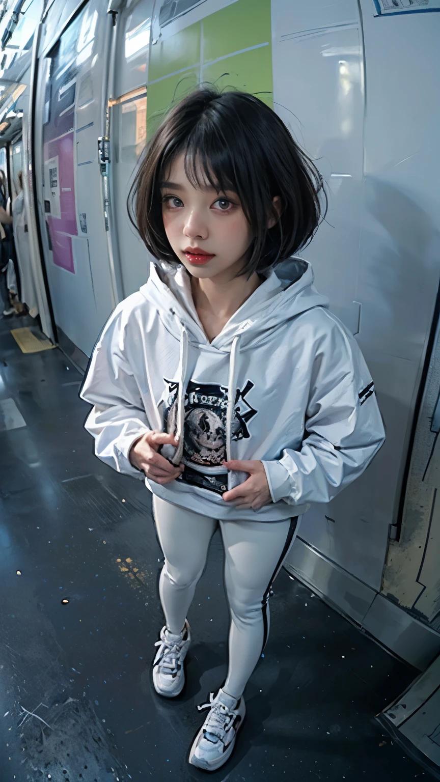 (((Highly detailed CG unit 8k wallpaper:1.2、masterpiece、High resolution:1.2、Highest quality:1.2、Masterpiece)))、((Very beautiful woman、Hands in pockets:1.8、Grunge Fashion:1.2、Wearing a hoodie:1.2、Wearing white leggings、Wearing shoes))、((Highly detailed face、Highly detailed black eyes、Highly detailed body、Highest qualityのリアルなテクスチャ スキン))、(Black Hair、Bobcut、De Pere Blanca、small)、((colorful geometric pattern wall、Colorful wall))、(High Angle:1.2、Fisheye Lens:1.3)、Ultra-Realistic Digital Painting