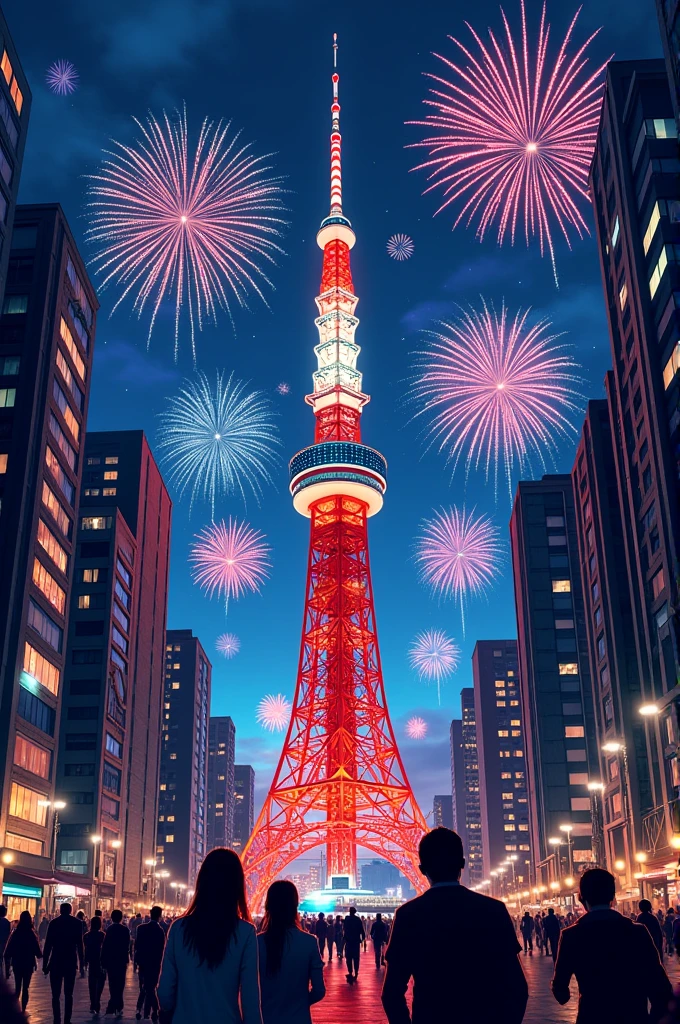 Pop Art　Several fireworks visible between the buildings　Large-flowered　colorful　Tokyo Tower　Ferris wheel　People who look up々