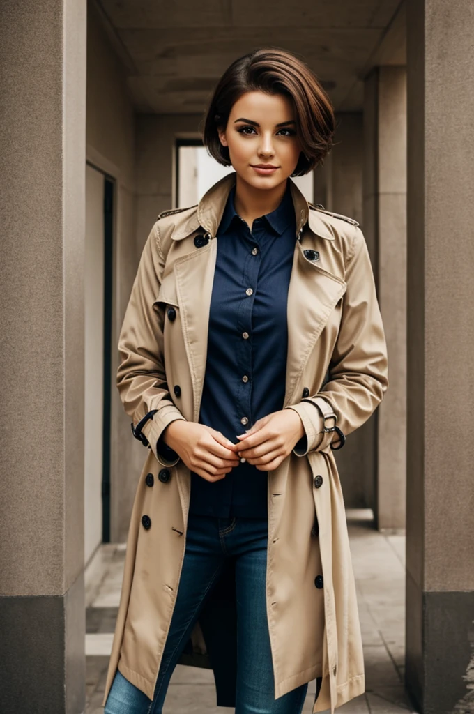 Beautyful Girl with Short hair in Trenchcoat