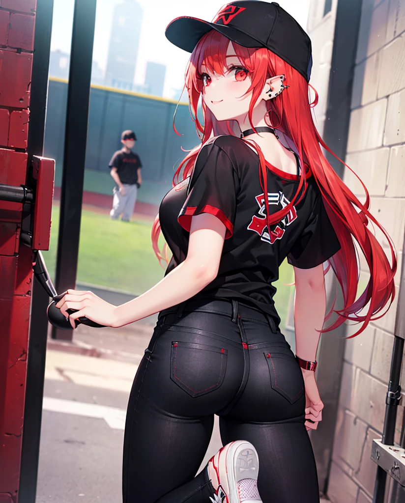 (Close-up:1.3),Realistic,Highest quality, Ultra Detail, High-quality CG rendering, The most delicate and beautiful, Floating softly, High resolution, (1 girl), (Highest quality,4K,8k,masterpiece:1.2),(All red hair:1.5), (semi-long:1.5),(Red eyes:1.5),(Slightly larger breasts:1.2), (Oversized black short sleeve t-shirt:1.5),(Black skinny jeans:1.5),(Black baseball cap:1.5),In the city,old buildings,Narrow back alley,(Turn your back to your audience:1.3),Butt,smile,(Piercing in left ear:1.3),(Pitch black choker:1.5),(White sneakers:1.3)