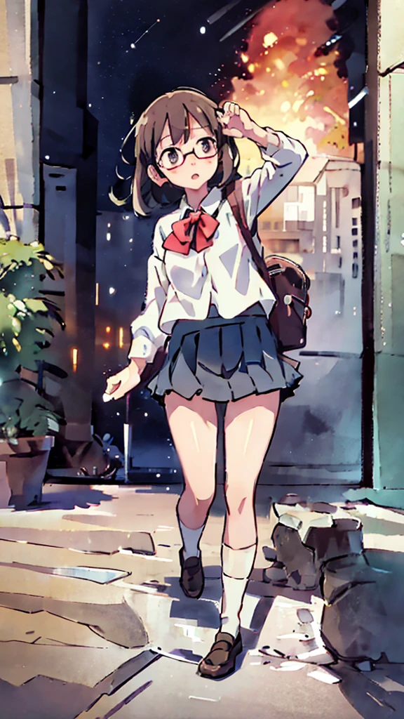 Nsfw、masterpiece, high quality, 4K, HDR,, Stable Diffusion prompt: schoolgirl with short、brown hair and red-framed glasses, wearing a white blouse and navy skirt, white panties visible, navy socks and brown loafers, in a state of arousal and trembling with sexual climax,simple illustration style, in a nichijou (everyday life) setting