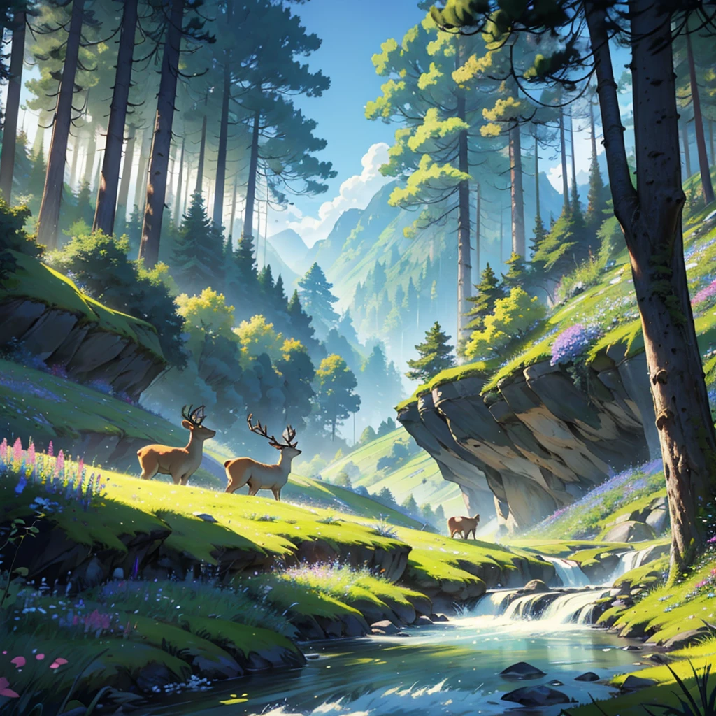A serene 2D landscape with rolling green hills under a clear blue sky. In the background, a forest of tall trees with detailed leaves. Spotlight, a meadow with vibrantly colored flowers. Add a group of 2D animals, including deer drinking from a crystal clear stream, rabbits jumping among the flowers, and birds flying softly through the sky. Lighting should be soft, like a sunny morning