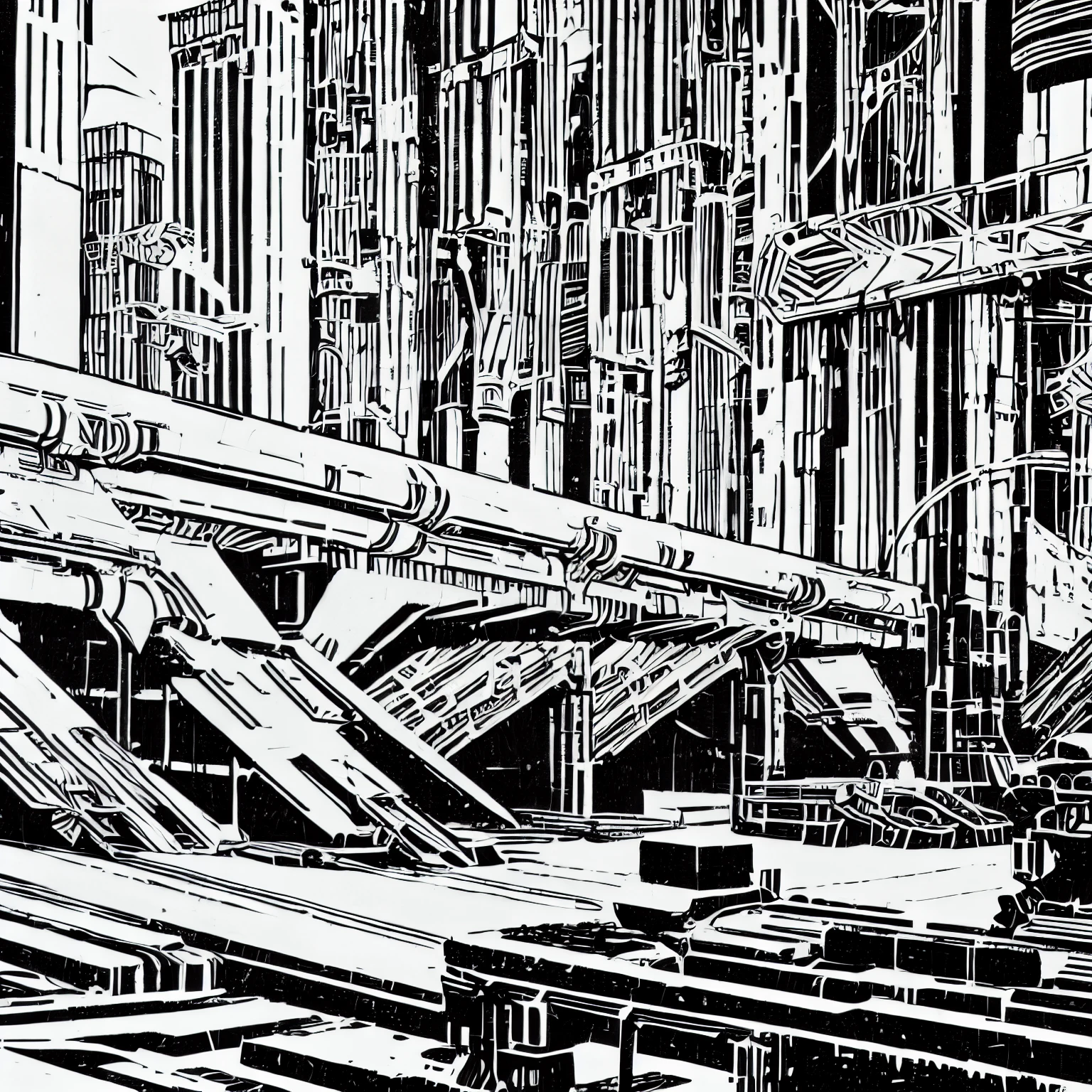 Dynamic concept art linocut-woodblock black and white print of a cyberpunk dense and complex futuristic city with wide fov. Escher art style. Monochrome black and white