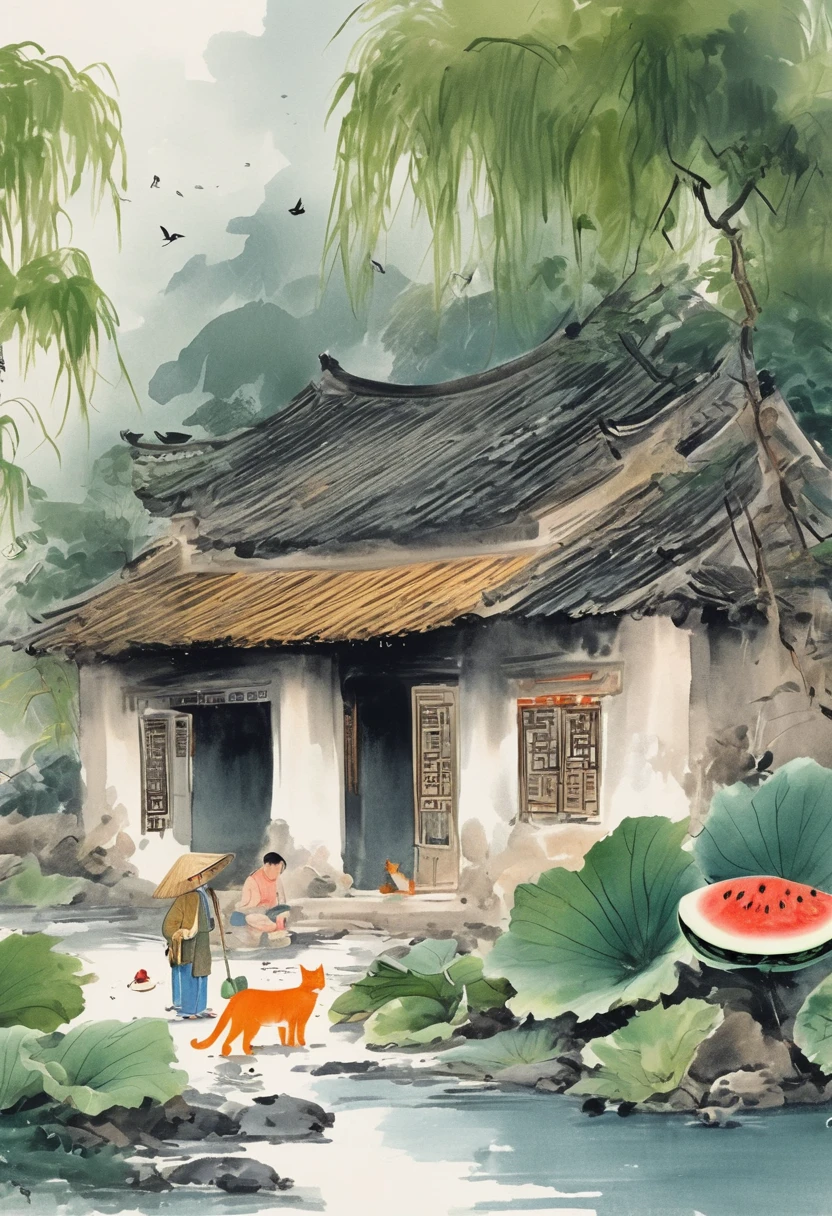 Cartoon Chinese style,An old man wearing a straw hat sits under a thatched hut eating watermelon,and next to an orange cat sits beside him,Features of the comic style,rough drawing,colorful cartoon illustrations,Simple lines,flat coloring,and Chinese-style cartoon characters,flat painting style,lots of white space,clean solid color background,minimalist background,a small amount of content,huge void,mostly empty,very little percentage,a very small proportion,very small content,very large empty space,breathable space, Artistic ink painting,Three-dimensional ink painting,Minimalist graphics,Minimal Art,Clean background,ancient white space,White Space,large white space,Texture Matte,Low saturation,Minimalist composition,Master composition,A person far away,cantered,white background,negative space,simple tattoo,line art,simple drawing,landscape,stylized,(((Lots of white space:1.5))),(Lots of white space:1.6),simple,Minimalism,abstract,Freehand,Aesthetic,unsaturated picture,asymmetric picture,a small object in a vast empty space,minimalist scene with a tiny subject in the center,centered small subject with large white space around it,(((small focal point))),(((minimal objects))),(((tiny subject))),no detailed backgrounds,(((empty space))),simple composition,avoiding clutter,no large elements,(((minimalist))),lack of intricate details,wide empty space,sparse,dominant blank space,simple scene,(((less busy))),(((without detailed objects))),(((no complex backgrounds))),