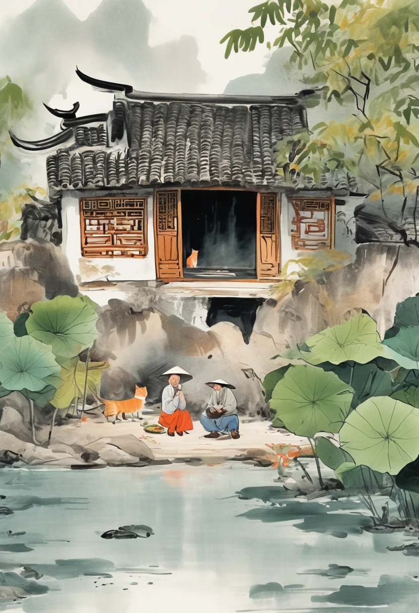 Cartoon Chinese style,An old man wearing a straw hat sits under a thatched hut eating watermelon,and next to an orange cat sits beside him,Features of the comic style,rough drawing,colorful cartoon illustrations,Simple lines,flat coloring,and Chinese-style cartoon characters,flat painting style,lots of white space,clean solid color background,minimalist background,a small amount of content,huge void,mostly empty,very little percentage,a very small proportion,very small content,very large empty space,breathable space, Artistic ink painting,Three-dimensional ink painting,Minimalist graphics,Minimal Art,Clean background,ancient white space,White Space,large white space,Texture Matte,Low saturation,Minimalist composition,Master composition,A person far away,cantered,white background,negative space,simple tattoo,line art,simple drawing,landscape,stylized,(((Lots of white space:1.5))),(Lots of white space:1.6),simple,Minimalism,abstract,Freehand,Aesthetic,unsaturated picture,asymmetric picture,a small object in a vast empty space,minimalist scene with a tiny subject in the center,centered small subject with large white space around it,(((small focal point))),(((minimal objects))),(((tiny subject))),no detailed backgrounds,(((empty space))),simple composition,avoiding clutter,no large elements,(((minimalist))),lack of intricate details,wide empty space,sparse,dominant blank space,simple scene,(((less busy))),(((without detailed objects))),(((no complex backgrounds))),