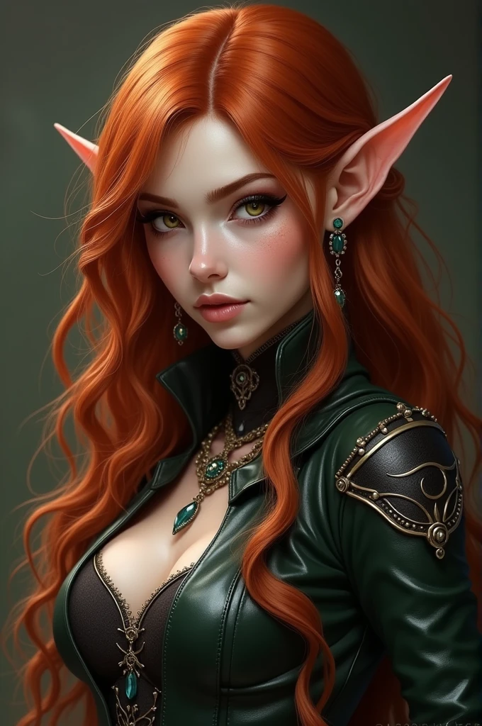 female redhead elf with beautiful elf ears, leather clothes, (insanely detailed:1.5), extremely detailed face and eyes, (black eyeliner:1.4), full body photograph, (:1.4), highly detailed skin, 