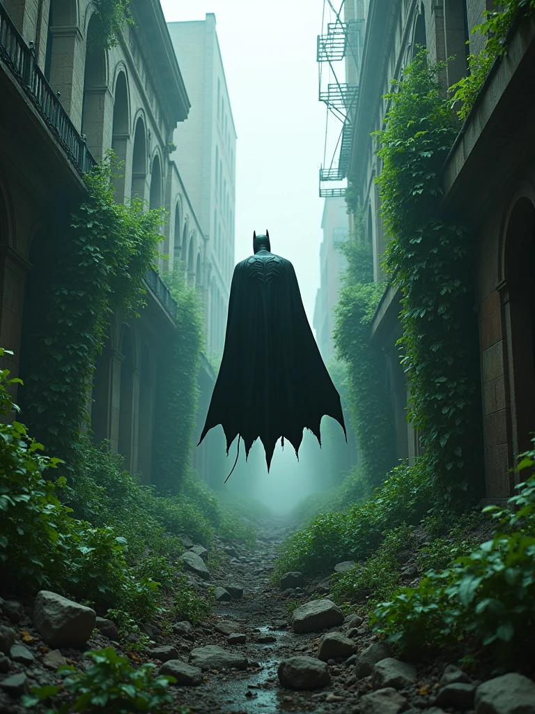 Large format 8k quality photo of teared down arkham city, destoyed by deadly poisonous ivy vines and plants looking like panthers, dystopic, batman in the air grabbed by vines cinematic lighting, shot on ARRI ALEXA 65 with 50mm lens