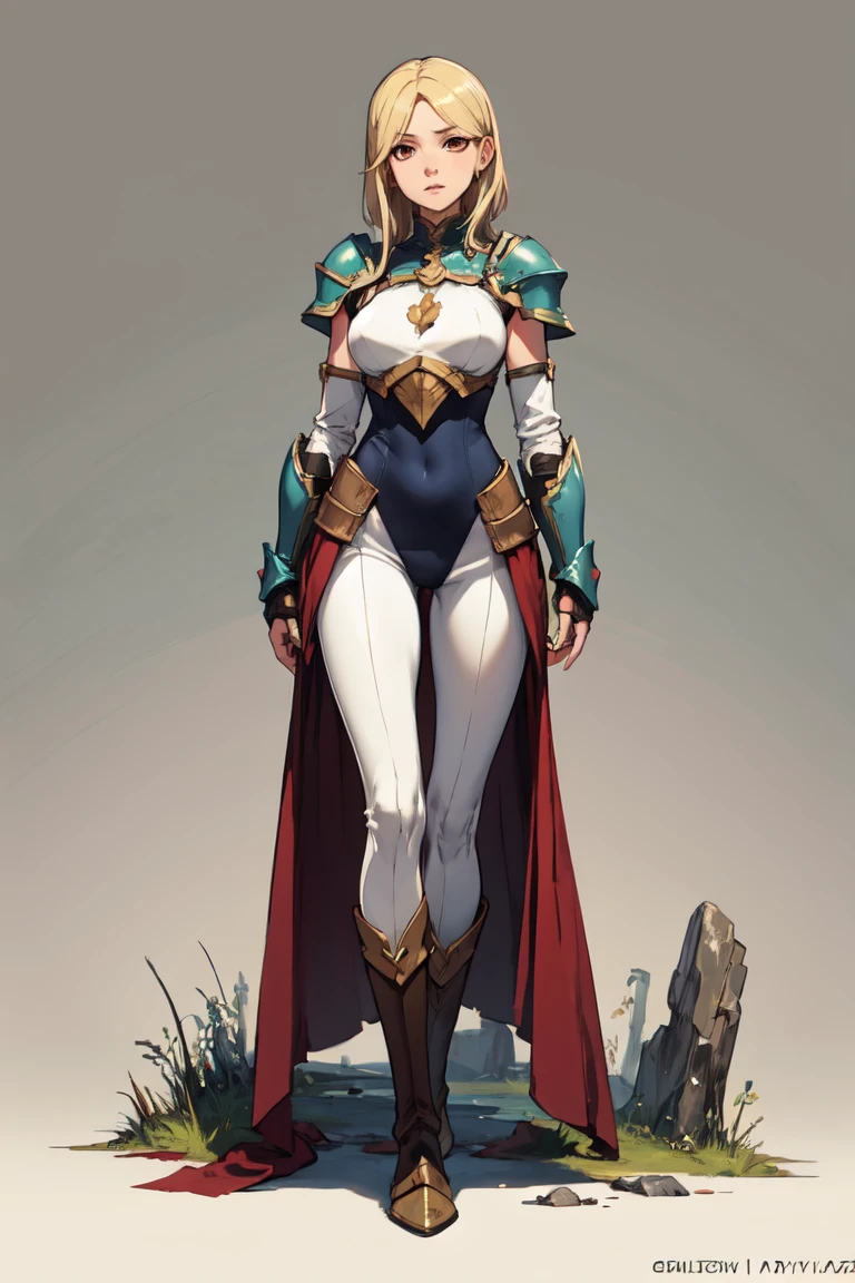 Agrias, loose short blonde hair, brown eyes, Simple armor,armor boots,highleg collant white,legging white,wide hips, lighting, ice, fantasy,