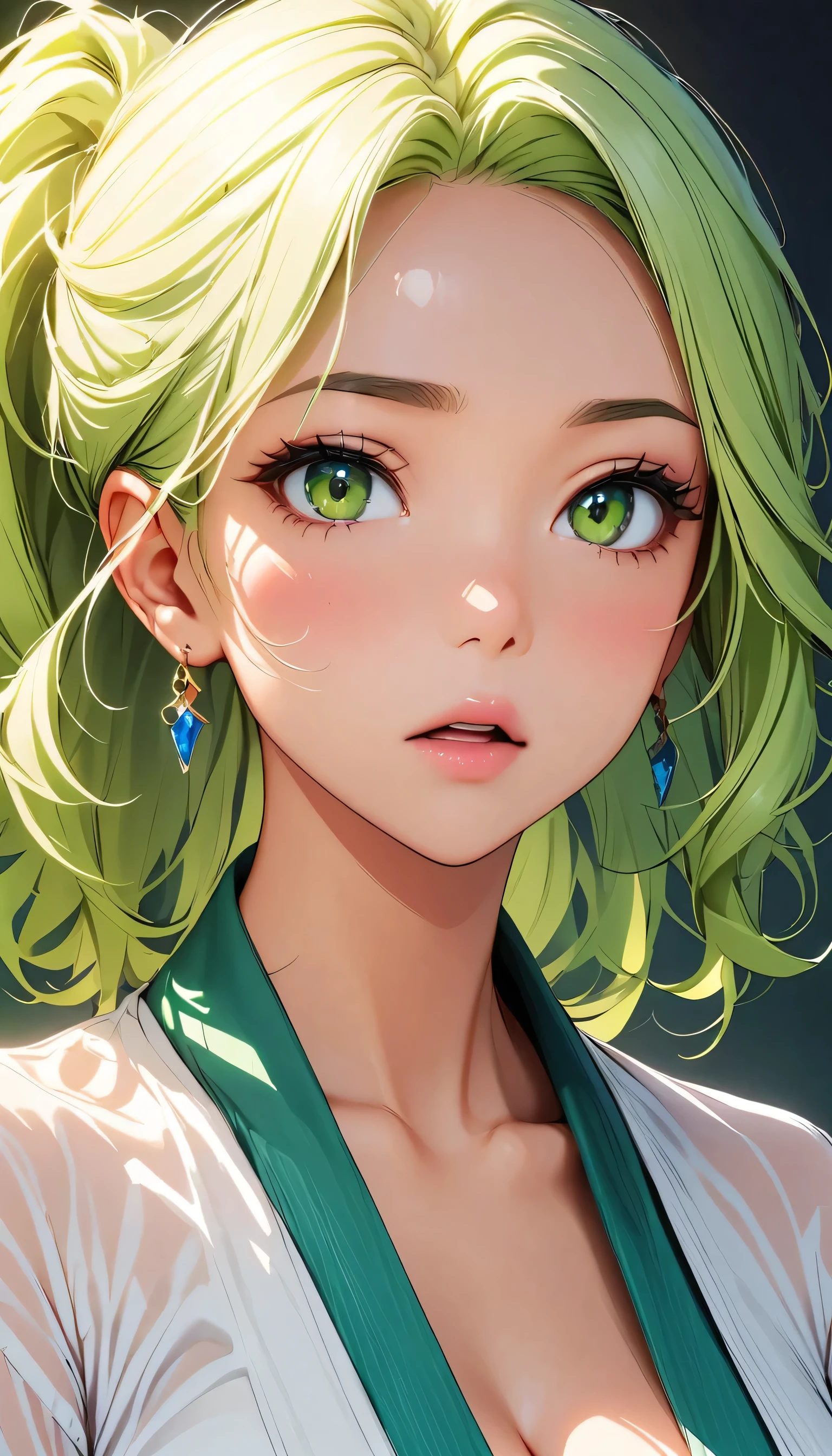 hot gaze, cute, green hair, Rui々Beautiful lips, Glossy, Open Mouth, Leaking sigh, Ultra-high resolution, Accurate, Textured skin, Face Up Shot, Surrealism, The beauty and danger of growing from a girl to an adult, A symbol of miraculous beauty.