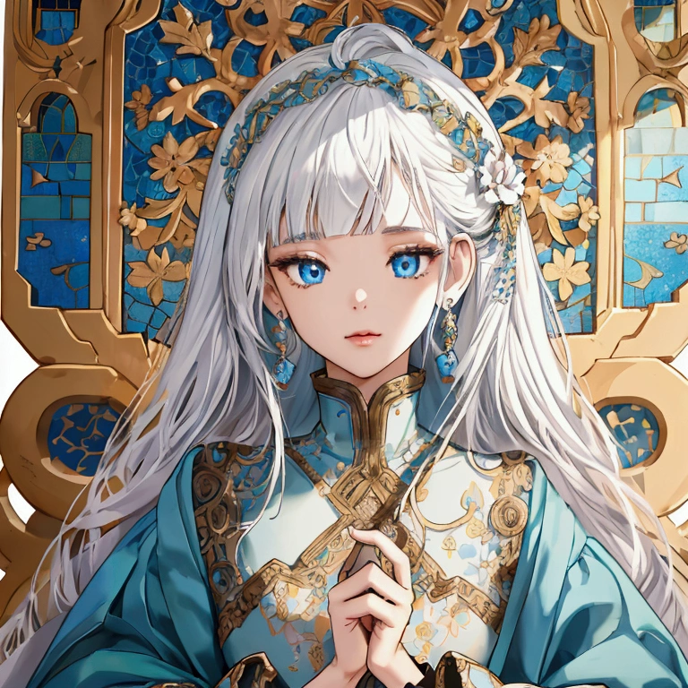 Create a Anime style character (absurdres, highres, ultra detailed), 1girl, mature female, white hair, long hair, blunt bangs, blue eyes, dress, long sleeves, finely detailed eyes and detailed face, intricate details, BREAK mosaic art, small pieces, colorful tesserae, intricate patterns, tiled designs, durable surfaces, time-honored techniques BREAK macro photography, extreme close-up, intricate details, magnified textures, stunning clarity, hidden beauty, immersive perspective BREAK , artisanal creations, handmade goods, unique designs, intricate details, creative expression, skilled craftsmanship