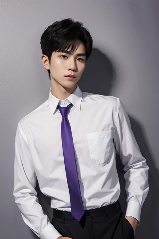 solo , 1man , thai man Short hair , white shirt with collar , purple necktie , black Long pants