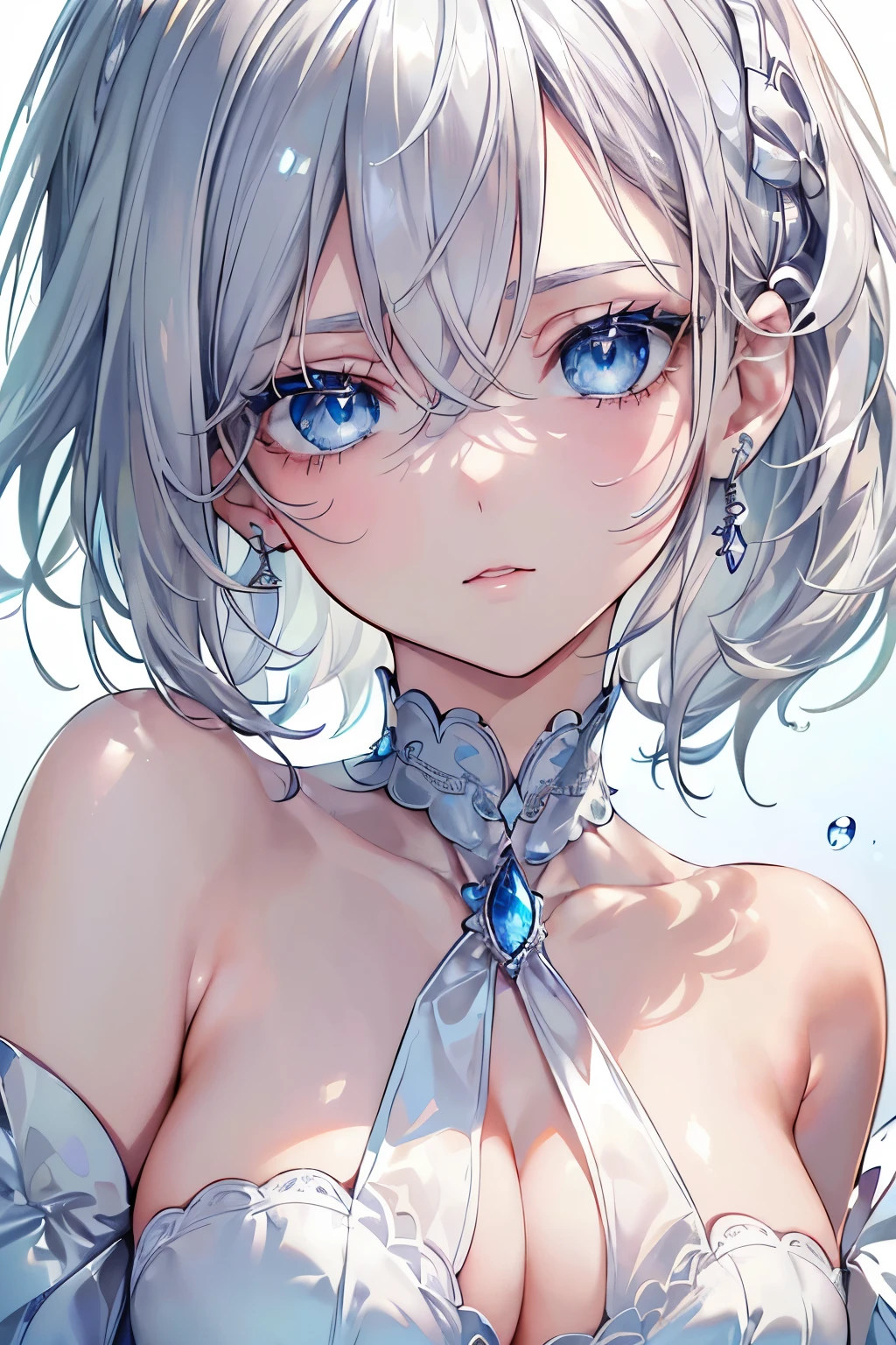 (Best quality,4K,8K,High resolution,Masterpiece:1.2),Super detailed,(Actual, Realistic),
break,
((Beautiful clear blue eyes:1.2)),very kind eyes,eyes wide open,beautiful eyelashes,beautiful lower eyelashes,
break,
((Beautiful and shiny silver hair:1.3)),
break,
((exposing neck and shoulders:1.3)),
break,
((Close-up of face from the front:1.3)),
break,
simple background