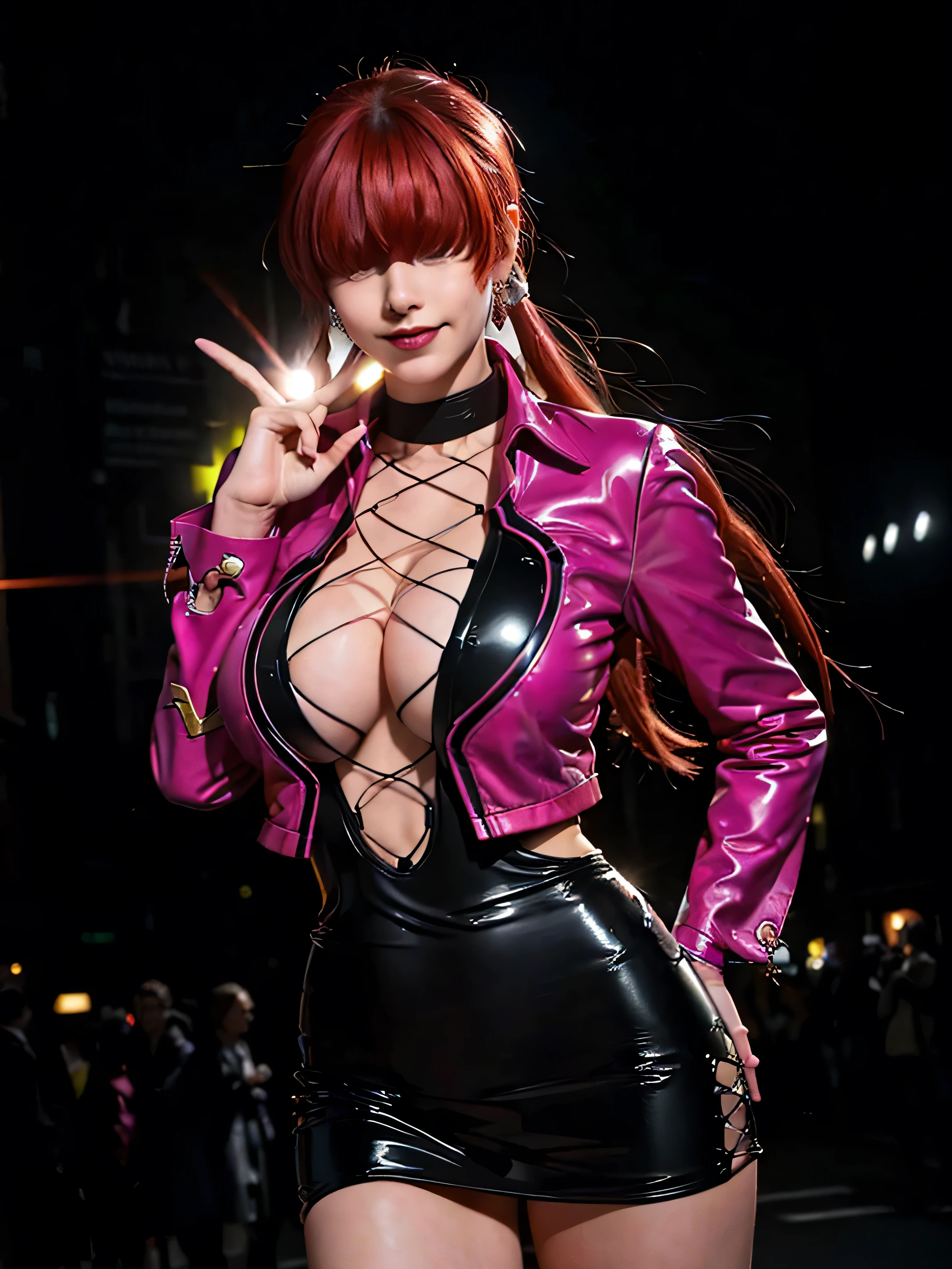 (at night), standing at attention, pink suit, pink jacket, choker, neckline, cut of clothing, earrings, has long bangs in her hair that covers eyes ((hair over eyes)), 1 girl, 20 years old, young woman, beautiful finger, beautiful long legs, beautiful body, beautiful nose, beautiful character design, perfect face, looking at the viewer (focusing on her face) , closed mouth, Light_Smile, official art, extremely detailed CG unity 8k wallpaper, perfect lighting, bright and colorful front lighting, glowing skin, (masterpiece: 1.0), (best_quality: 1.0), ultra high resolution, 4K, photography ultra detailed, 8K, HDR, high resolution, absurdities:1.2, Kodak portra 400, film grain, blurred background, bokeh:1.2, lens flare, (vibrant_color:1.2), professional photography, (Beautiful, breasts: 1.4), (beautiful_face: 1.5 ), (narrow waist),evil huge laugh,lipstick,most sadistic smile,smile worst,worst ridecule,evil moukery,,,two hands,five fingers,black background,A face full of evil,most evil ridicule,most smirk,hair over eyes,latex