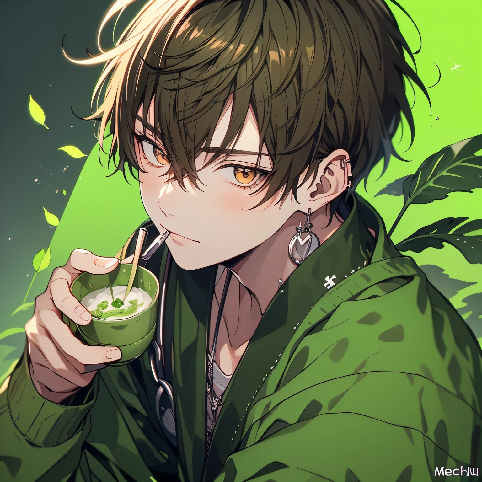 (masterpiece), Highest quality, Ultra-high resolution,male、1 person、Matcha brown hair、Short Hair、Matcha brown eyes、Matcha brown clothes、(medicine剤師:1.3)、medicine、leaf
