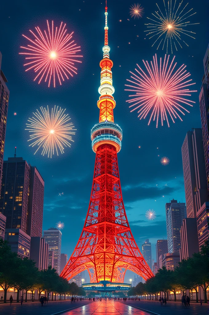 Constructivism　Several fireworks visible between the buildings　Large-flowered　colorful　Tokyo Tower　Ferris wheel　People who look up々