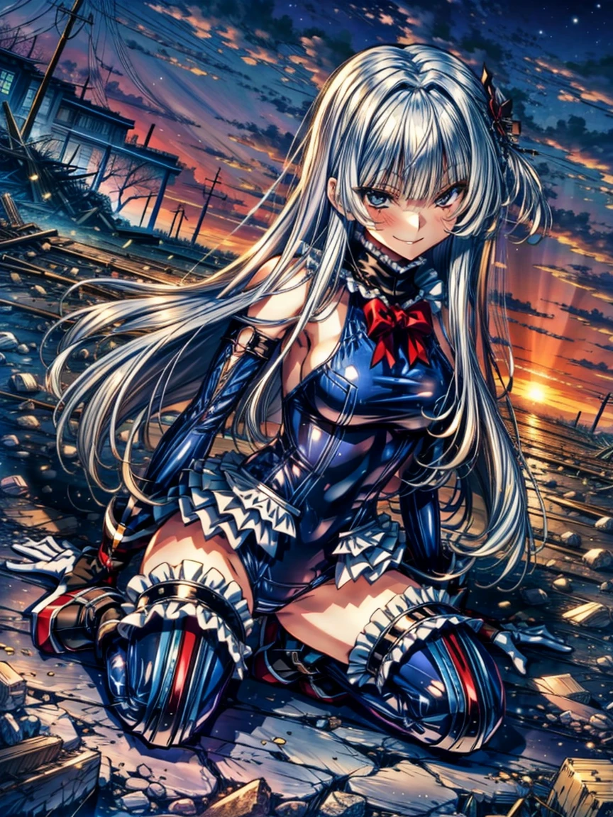 Perfect Anatomy, Highest quality, marirose,Wicked Smile,Provocative attitude
,(Girls greet dawn on a pile of rubble:1.1),Wicked Smile,Anime Style,(Frilled swimsuit, Knee socks, Removed sleeve), (Anime Style:1.4) ,
Silver Hair,(White fingers:1.1,Black gloves),Very long hair,Evil Aura,