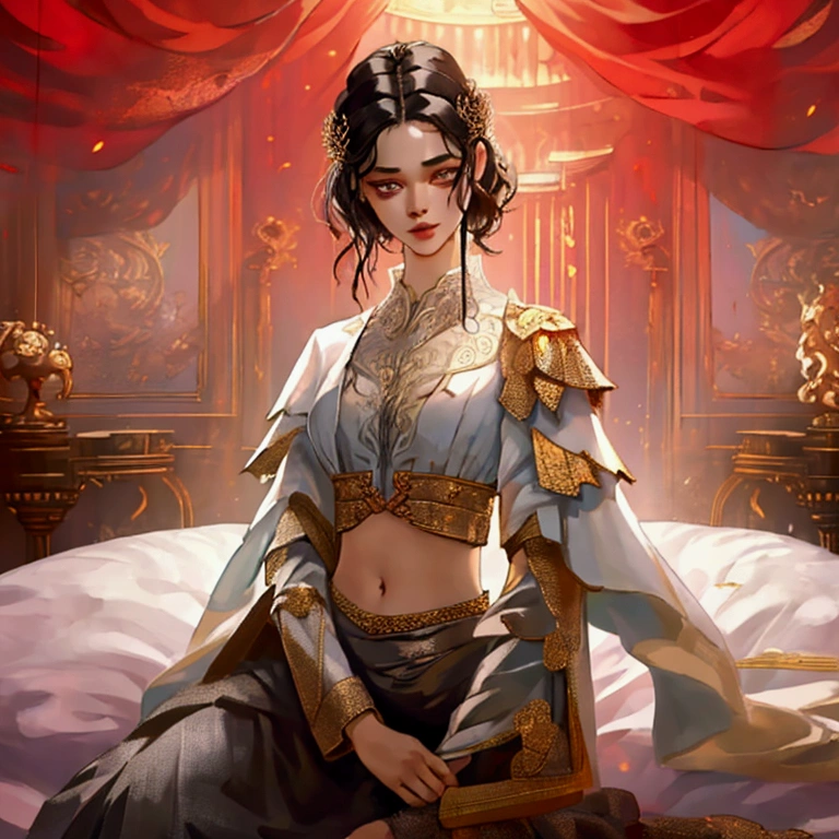 ((Highest quality, 8ก, Masterpiece: 1.3)), beauty, Hide faces, 1 woman, beautiful: 1.3, Slender stomach: 1.1, Women&#39;s bras, rift, short black hair , (While sitting in bed.), Extraordinarily detailed face, Highly detailed lips, Detailed eyes, Double eyelids