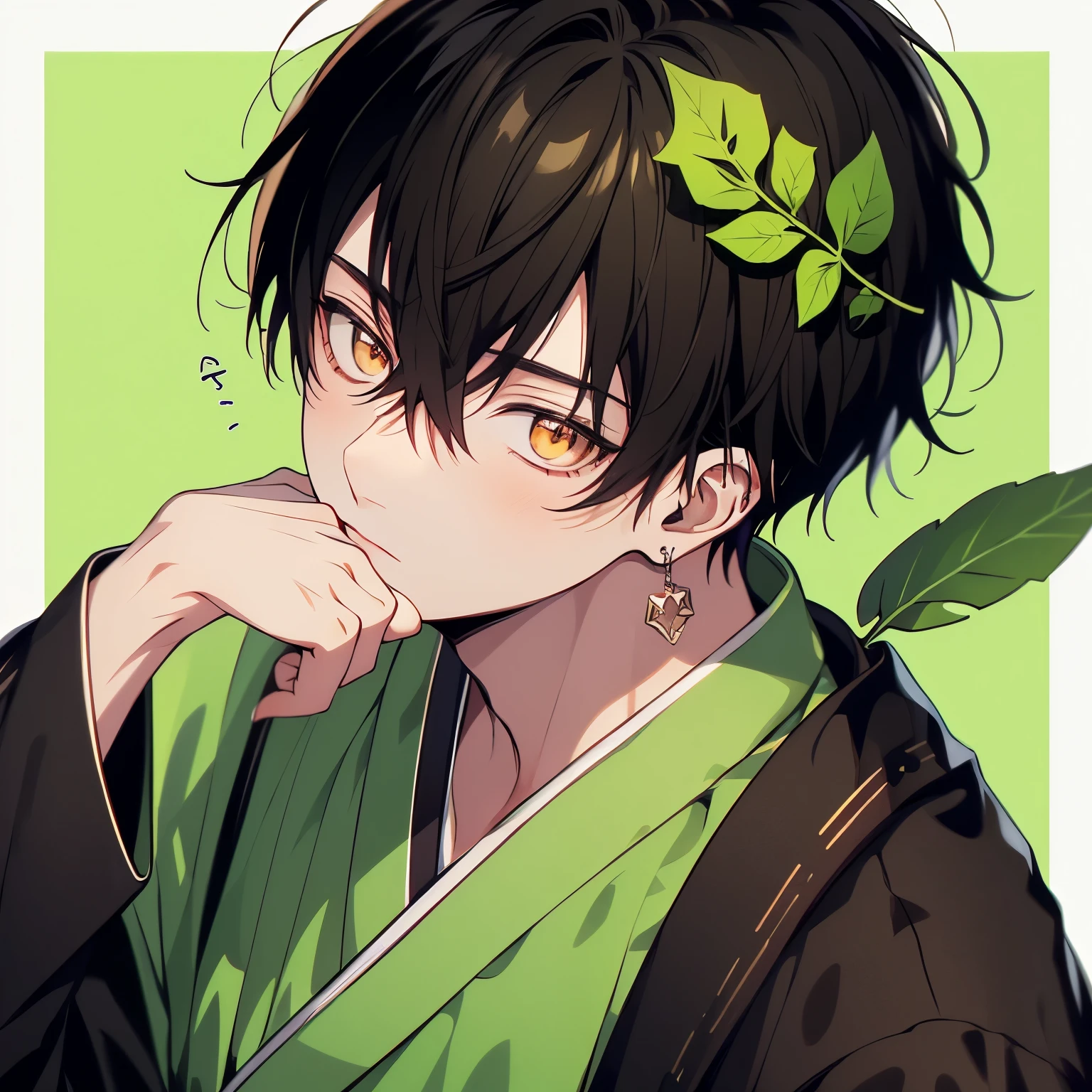 (masterpiece), Highest quality, Ultra-high resolution,male、(1 person:1.3)、Matcha brown hair、Short Hair、Matcha brown eyes、Matcha brown clothes、(medicine剤師:1.3)、medicine、leaf、kimono