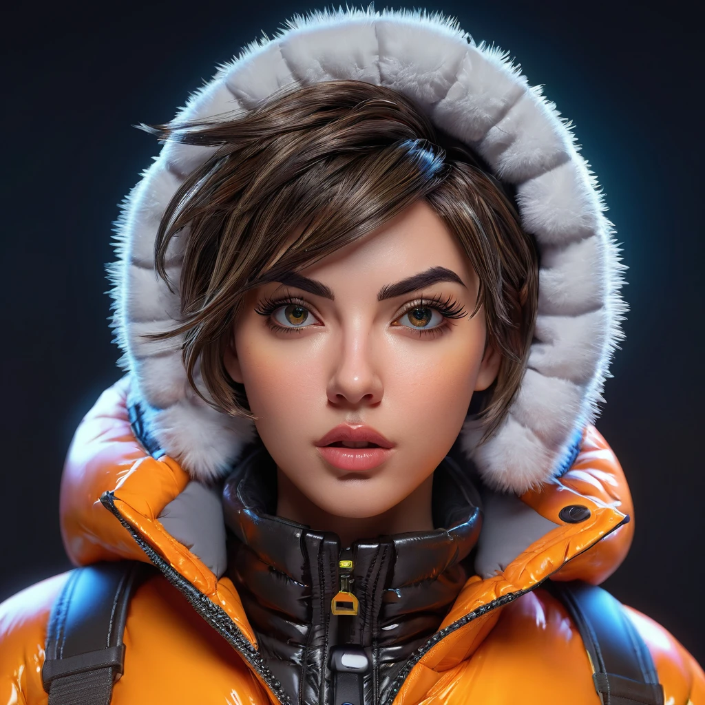 Tracer from Overwatch, trapped inside her fully zipped, super gleamy, overfilled, overinflated, thick, glossy puffer jacket, beautiful detailed eyes, beautiful detailed lips, extremely detailed eyes and face, long eyelashes, 8k, realistic lighting, volumetric lighting, cinematic lighting, dramatic lighting, dynamic pose, dramatic expression, neon cyberpunk style, intricate details, hyper-realistic, 3D rendered, highly detailed texture, glossy material, extreme realism, striking colors, vibrant colors, deep shadows, full body shot