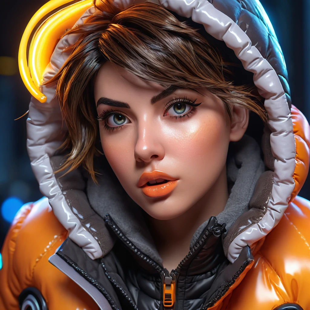 Tracer from Overwatch, trapped inside her fully zipped, super gleamy, overfilled, overinflated, thick, glossy puffer jacket, beautiful detailed eyes, beautiful detailed lips, extremely detailed eyes and face, long eyelashes, 8k, realistic lighting, volumetric lighting, cinematic lighting, dramatic lighting, dynamic pose, dramatic expression, neon cyberpunk style, intricate details, hyper-realistic, 3D rendered, highly detailed texture, glossy material, extreme realism, striking colors, vibrant colors, deep shadows, full body shot