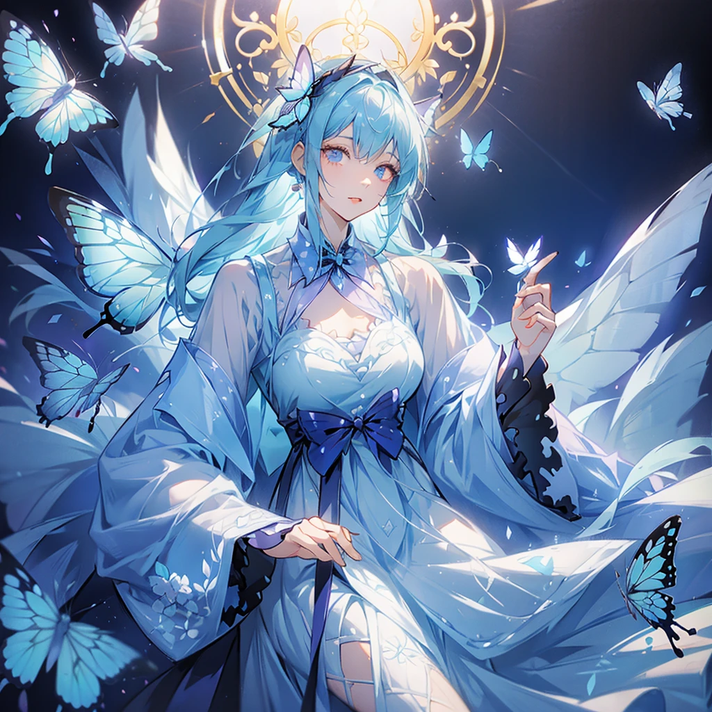 Digital illustration featuring an anime-style character with light blue hair and purple eyes. The character is dressed in a white and blue outfit with butterfly motifs, including a headpiece adorned with a butterfly. The background is a mix of dark and light shades with a butterfly design on the left side. The character is holding a glowing blue butterfly in their right hand. The overall style is fantasy-themed with a focus on ethereal and delicate elements. Cold personality. discreetly. headscarf