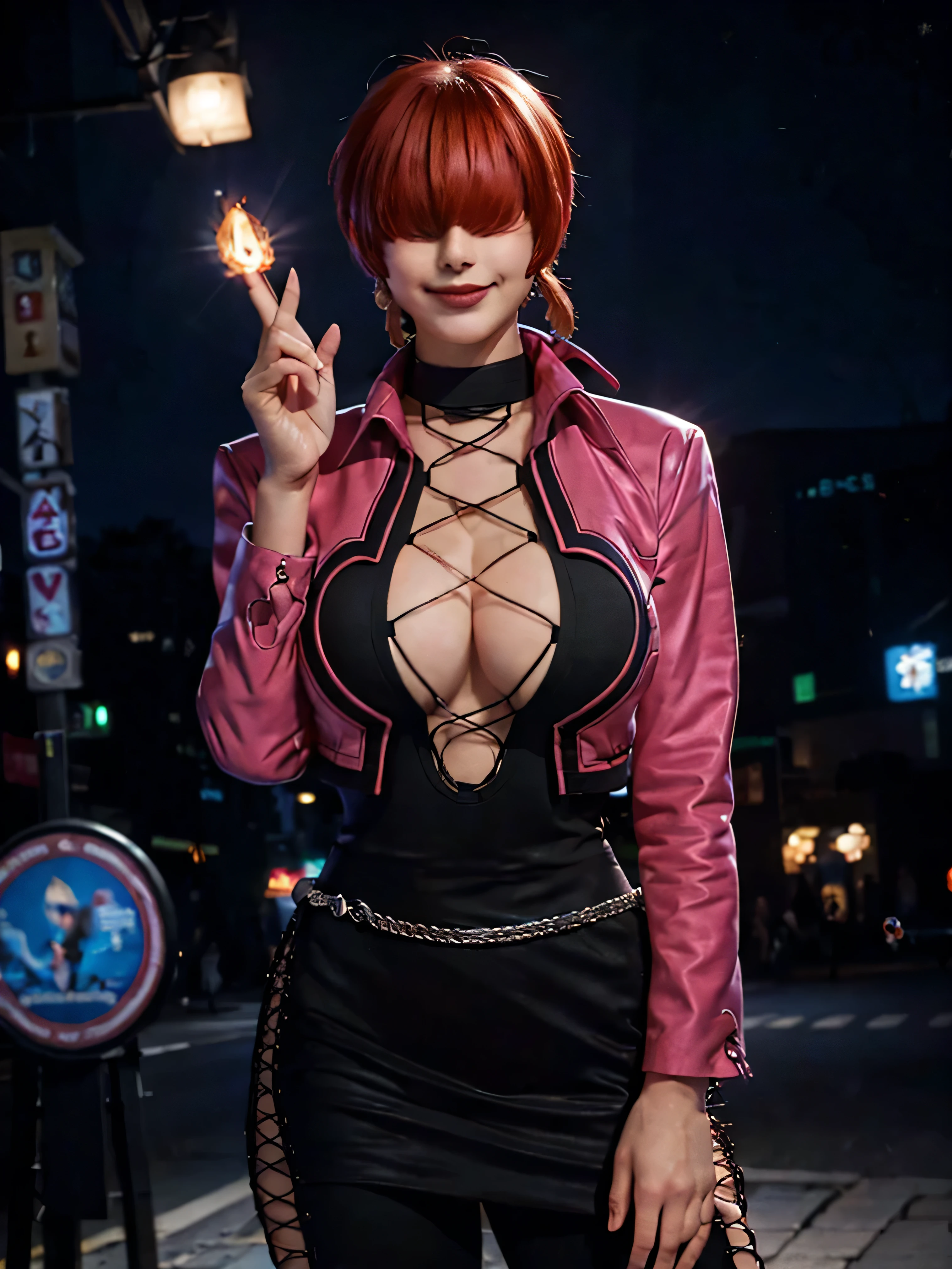 (at night), standing at attention, pink suit, pink jacket, choker, neckline, cut of clothing, earrings, has long bangs in her hair that covers eyes ((hair over eyes)), 1 girl, 20 years old, young woman, beautiful finger, beautiful long legs, beautiful body, beautiful nose, beautiful character design, perfect face, looking at the viewer (focusing on her face) , closed mouth, , official art, extremely detailed CG unity 8k wallpaper, perfect lighting, bright and colorful front lighting, glowing skin, (masterpiece: 1.0), (best_quality: 1.0), ultra high resolution, 4K, photography ultra detailed, 8K, HDR, high resolution, absurdities:1.2, Kodak portra 400, film grain, blurred background, bokeh:1.2, lens flare, (vibrant_color:1.2), professional photography, (Beautiful, breasts: 1.4), (beautiful_face: 1.5 ), (narrow waist),evil huge laugh,lipstick,most sadistic smile,smile worst,worst ridecule,evil moukery,,,two hands,five fingers,black background,A face full of evil,most evil ridicule,most smirk,hair over eyes