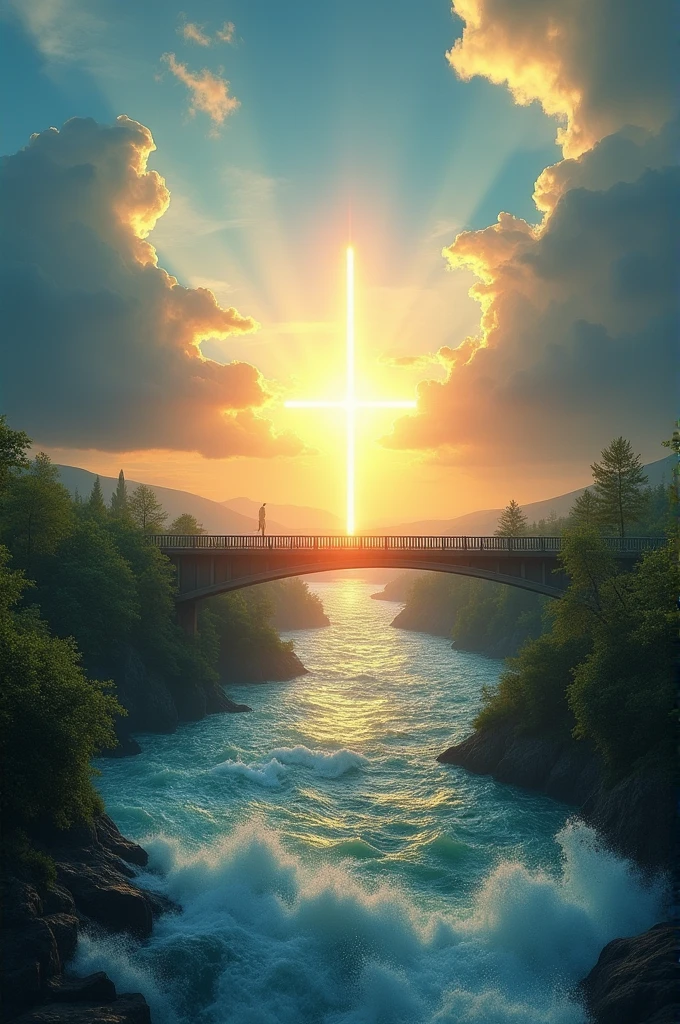 a turbulent river, serene and sunny landscape in the background, sunlight filtering through clouds, dramatic lighting, dramatic clouds, dramatic sky, peaceful, tranquil, bridge leading to new beginnings, overcoming adversity and a luminous cross in the center