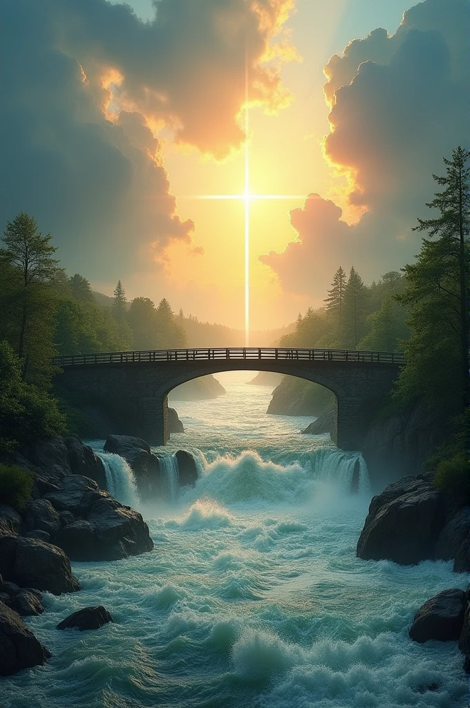 a turbulent river, serene and sunny landscape in the background, sunlight filtering through clouds, dramatic lighting, dramatic clouds, dramatic sky, peaceful, tranquil, bridge leading to new beginnings, overcoming adversity and a luminous cross in the center