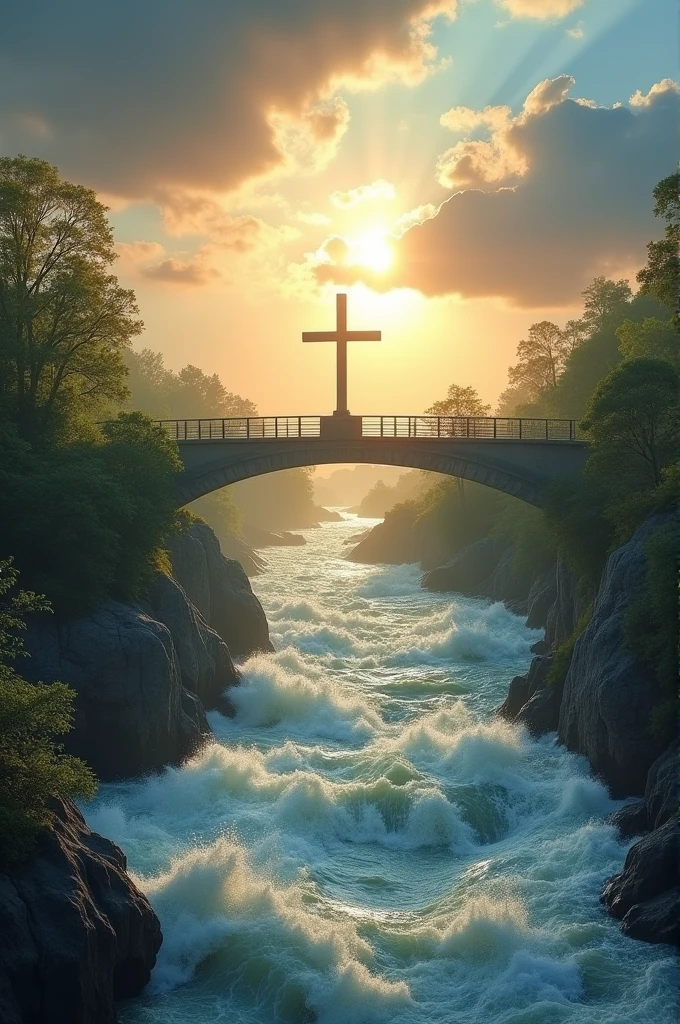 a turbulent river, serene and sunny landscape in the background, sunlight filtering through clouds, dramatic lighting, dramatic clouds, dramatic sky, peaceful, tranquil, bridge leading to new beginnings, overcoming adversity and a luminous cross in the center