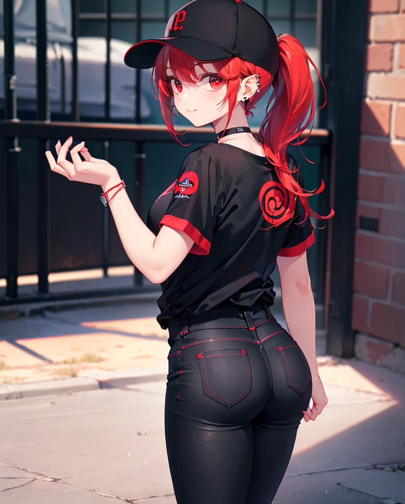 (Close-up:1.3),Realistic,Highest quality, Ultra Detail, High-quality CG rendering, The most delicate and beautiful, Floating softly, High resolution, (1 girl), (Highest quality,4K,8k,masterpiece:1.2),(All red hair:1.5), (semi-long:1.5),(Red eyes:1.5),(Slightly larger breasts:1.2), (Oversized black short sleeve t-shirt:1.5),(Black skinny jeans:1.5),(Black baseball cap:1.5),In the city,old buildings,Narrow back alley,(Turn your back to your audience:1.3),Butt,smile,(Piercing in left ear:1.3),(Pitch black choker:1.5),(White sneakers:1.3)
