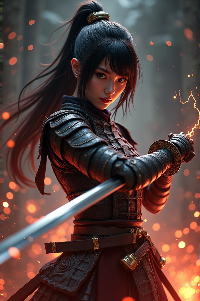 Ultra HD,Full body photo of Yui Aragaki, a female warrior holding a Japanese samurai sword,Sparks flew around me