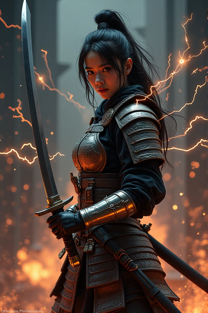 Ultra HD，Full body photo of Yui Aragaki, a female warrior holding a Japanese samurai sword，Sparks flew around me