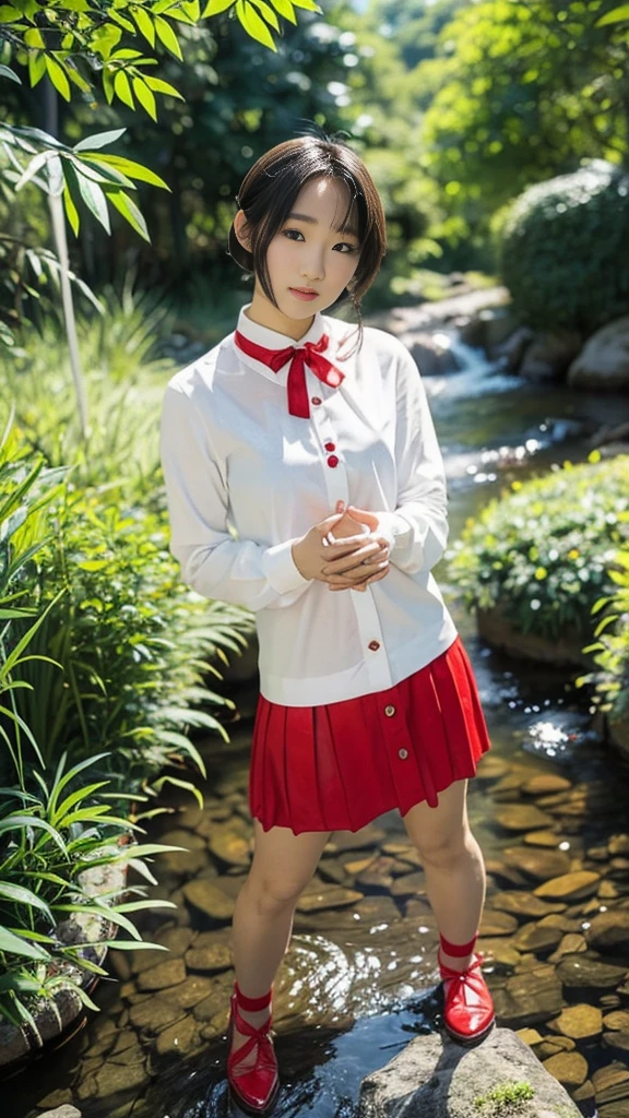 ((Cute Girl Pictures、Aoi Yuki、The face is in focus and the background is blurred))、((A white shirt with red buttons、Blue bra is visible))、((Red mini skirt、Hold up your miniskirt with both hands、Showing off her cute white underwear、Cute white underwear with ribbon))、(Bare legs and leather shoes)、(Fresh green bamboo forest, grassland and stream、early morning)