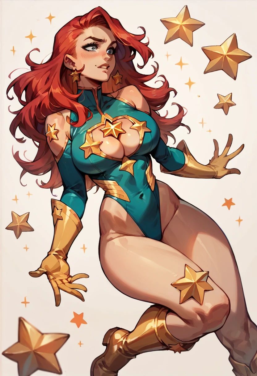 masterpiece, Sexy, Superheroine, Red hair, long hair, busty, ((blue highleg leotard with a t-back thong and a gold star insignia on chest)), gold boots, gold gloves, ((Cleavage Cutout)),