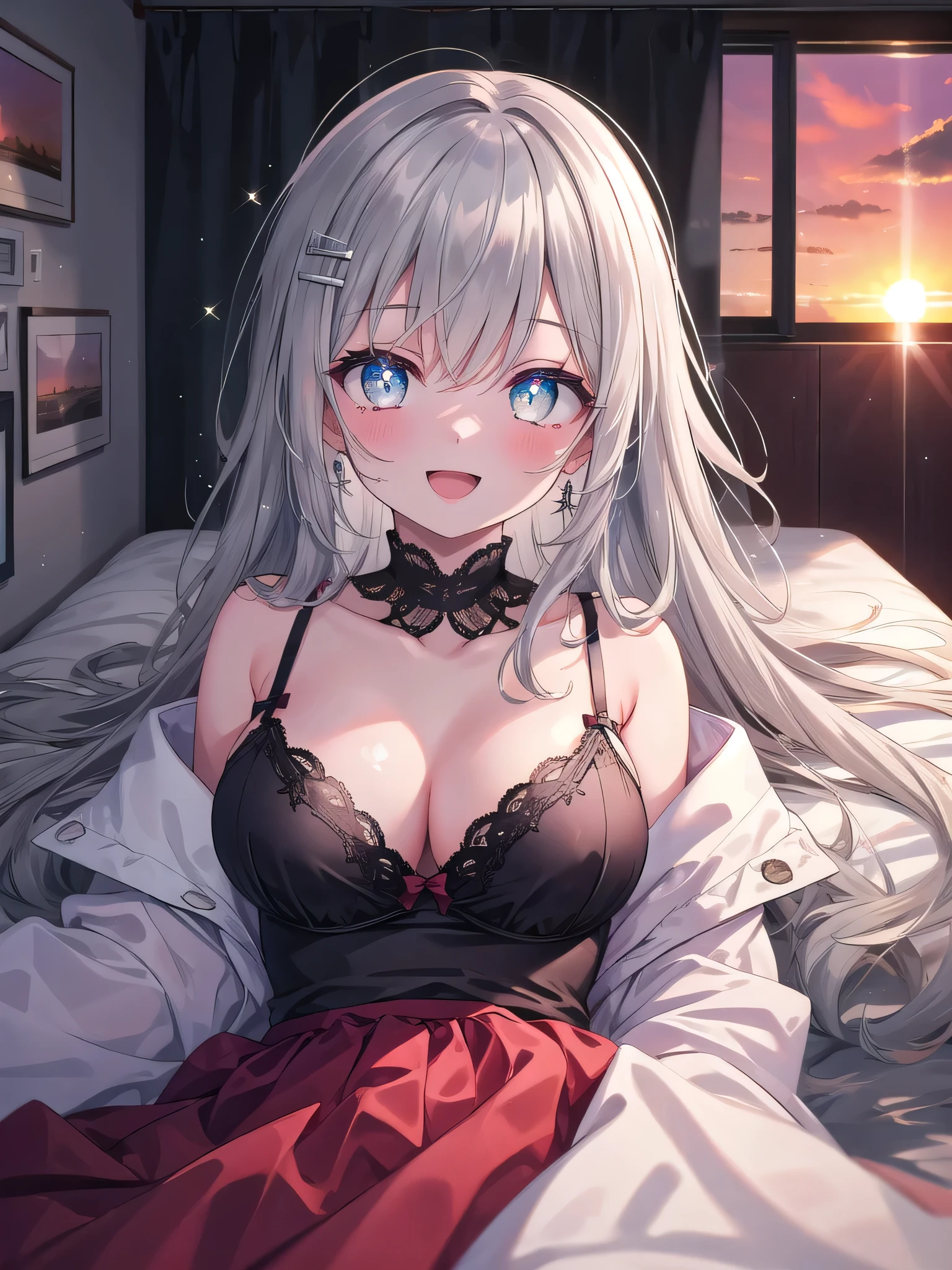 (8K, Highest Quality, Masterpiece:1.3)), Ultra High Resolution, (One girl, solo), (Color changing eyes, Highly detailed, Expressive glow, Sparkling eyes), Highly detailed eyes, Highly detailed face, Random hair, (Silver grey color), Hair clip, College girl, Lying on her back, (Dress with low neckline:1.2), Cleavage, Bra visible, (Ecstatic expression:1.3), Top view, (Boyfriend's room, Sunset:1.1), Pushed down by boyfriend,