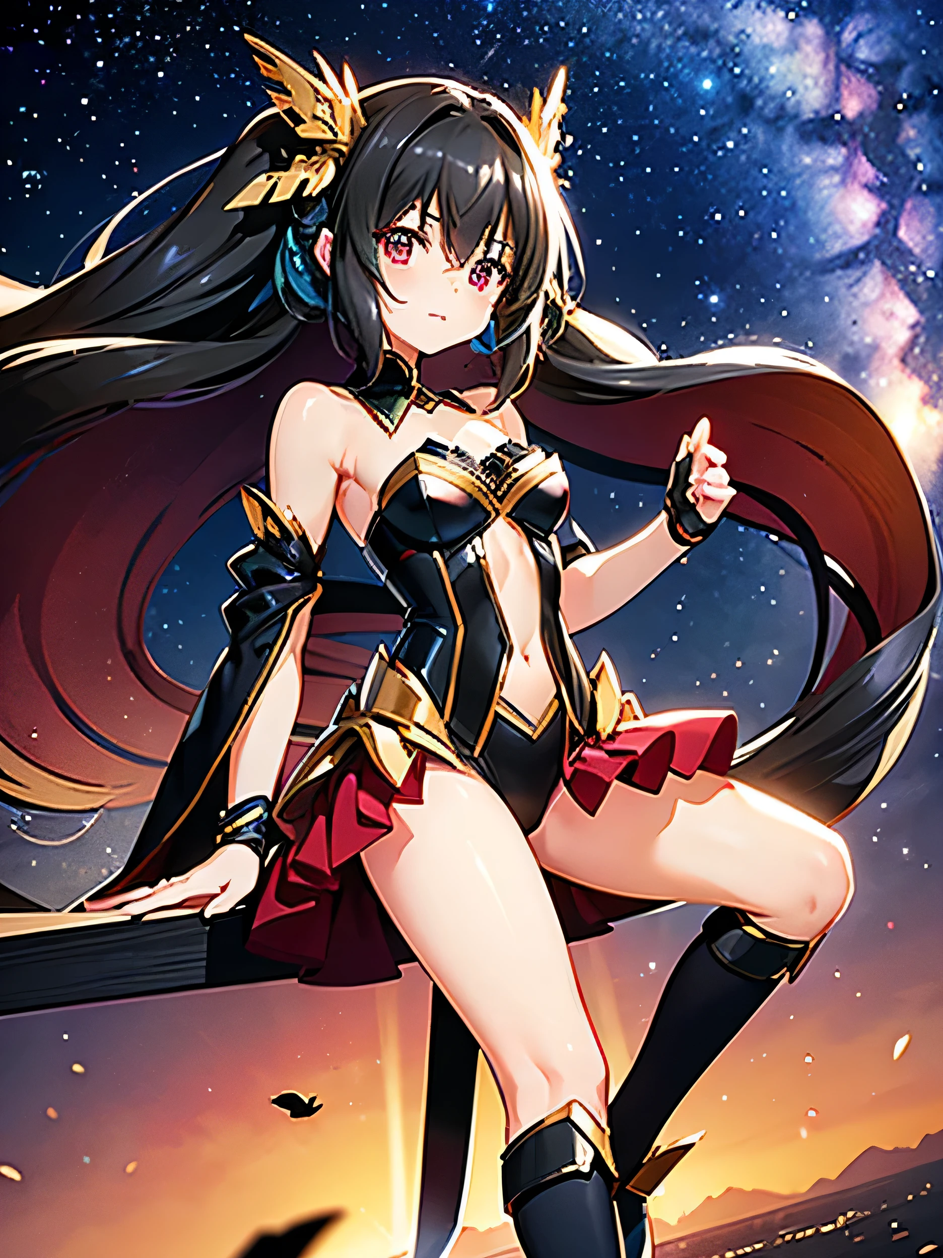best quality,highest resolution,Beautiful girl wearing metallic high-leg outfit, like Tsukuyomi Shirabe from Symphogear,earth behind,universe,Milky Way,black hair,knife1It's in my hand,