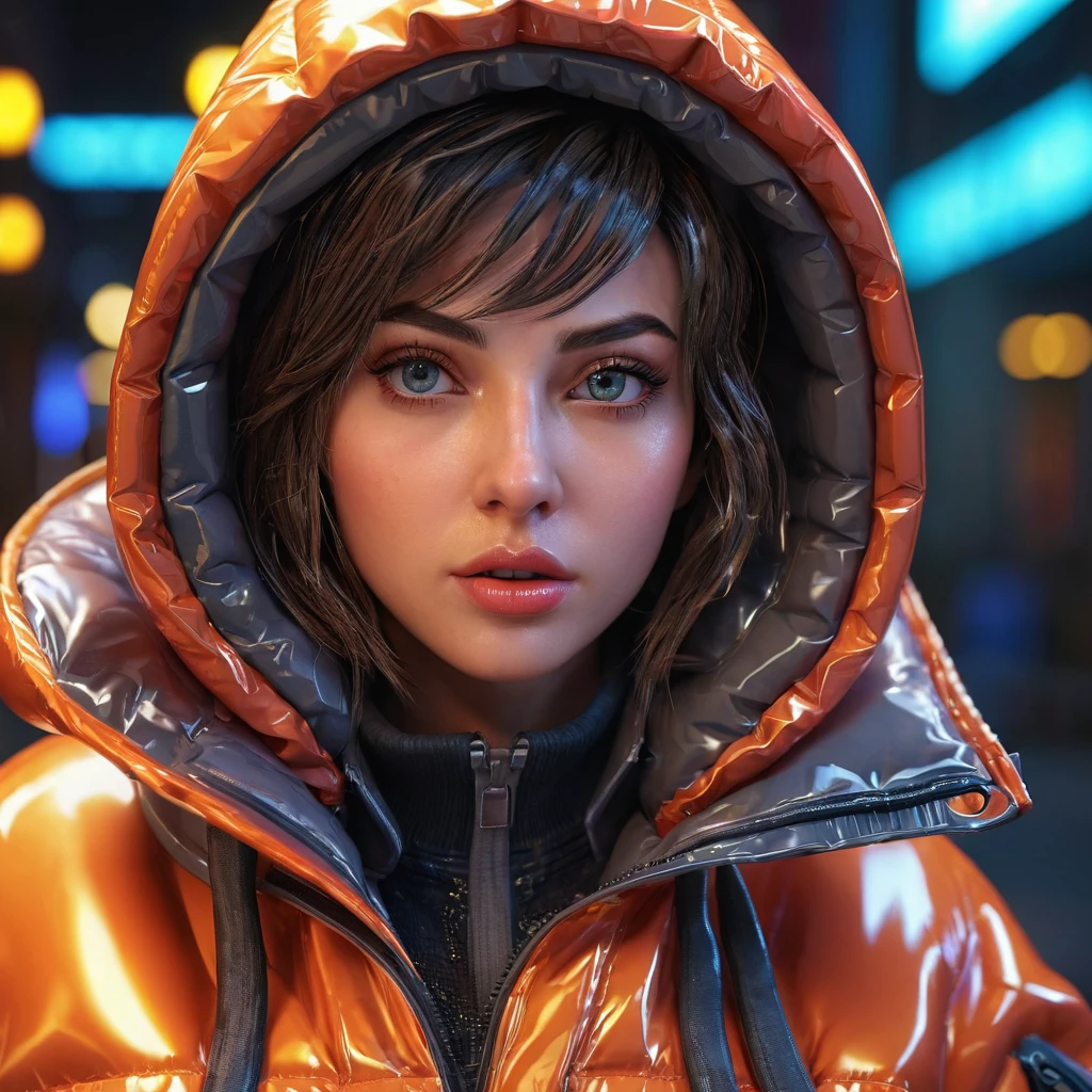 Juno from Overwatch, trapped inside her fully zipped, super gleamy, overfilled, overinflated, thick, glossy puffer jacket, beautiful detailed eyes, beautiful detailed lips, extremely detailed eyes and face, long eyelashes, 8k, realistic lighting, volumetric lighting, cinematic lighting, dramatic lighting, dynamic pose, dramatic expression, neon cyberpunk style, intricate details, hyper-realistic, 3D rendered, highly detailed texture, glossy material, extreme realism, striking colors, vibrant colors, deep shadows, full body shot