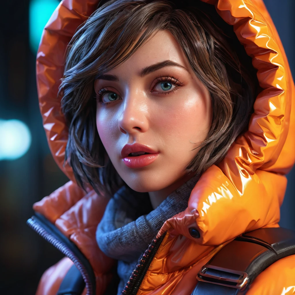 Juno from Overwatch, trapped inside her fully zipped, super gleamy, overfilled, overinflated, thick, glossy puffer jacket, beautiful detailed eyes, beautiful detailed lips, extremely detailed eyes and face, long eyelashes, 8k, realistic lighting, volumetric lighting, cinematic lighting, dramatic lighting, dynamic pose, dramatic expression, neon cyberpunk style, intricate details, hyper-realistic, 3D rendered, highly detailed texture, glossy material, extreme realism, striking colors, vibrant colors, deep shadows, full body shot